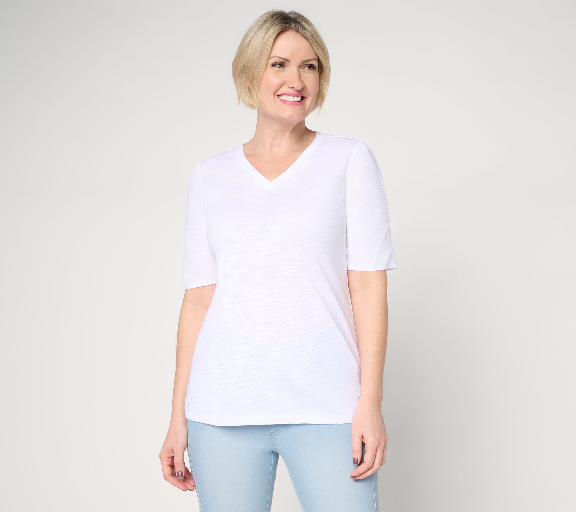 Belle Beach by Kim Gravel Slub Knit Ruched Elbow V Neck Top