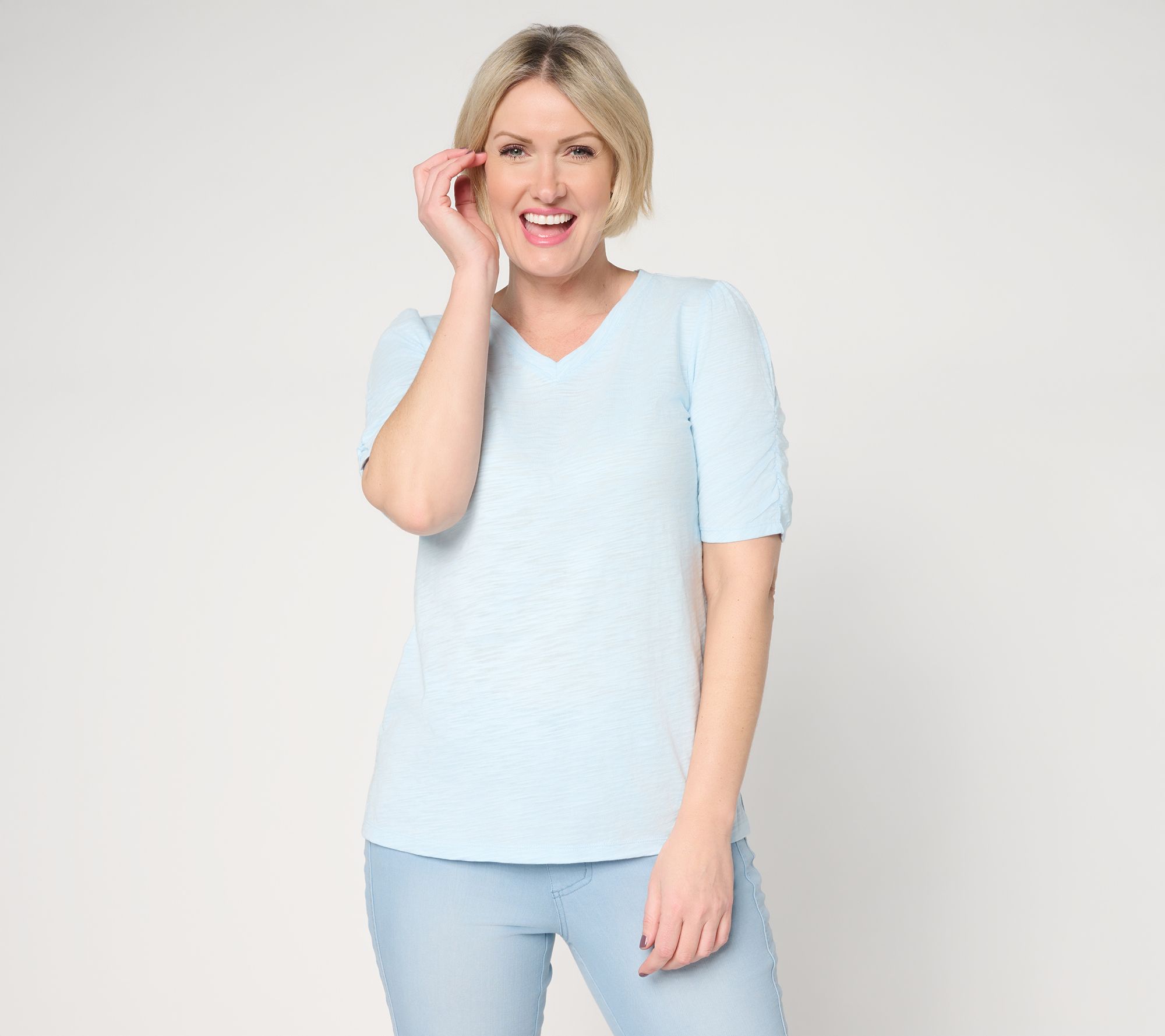 Belle Beach by Kim Gravel Slub Knit Ruched Elbow V Neck Top