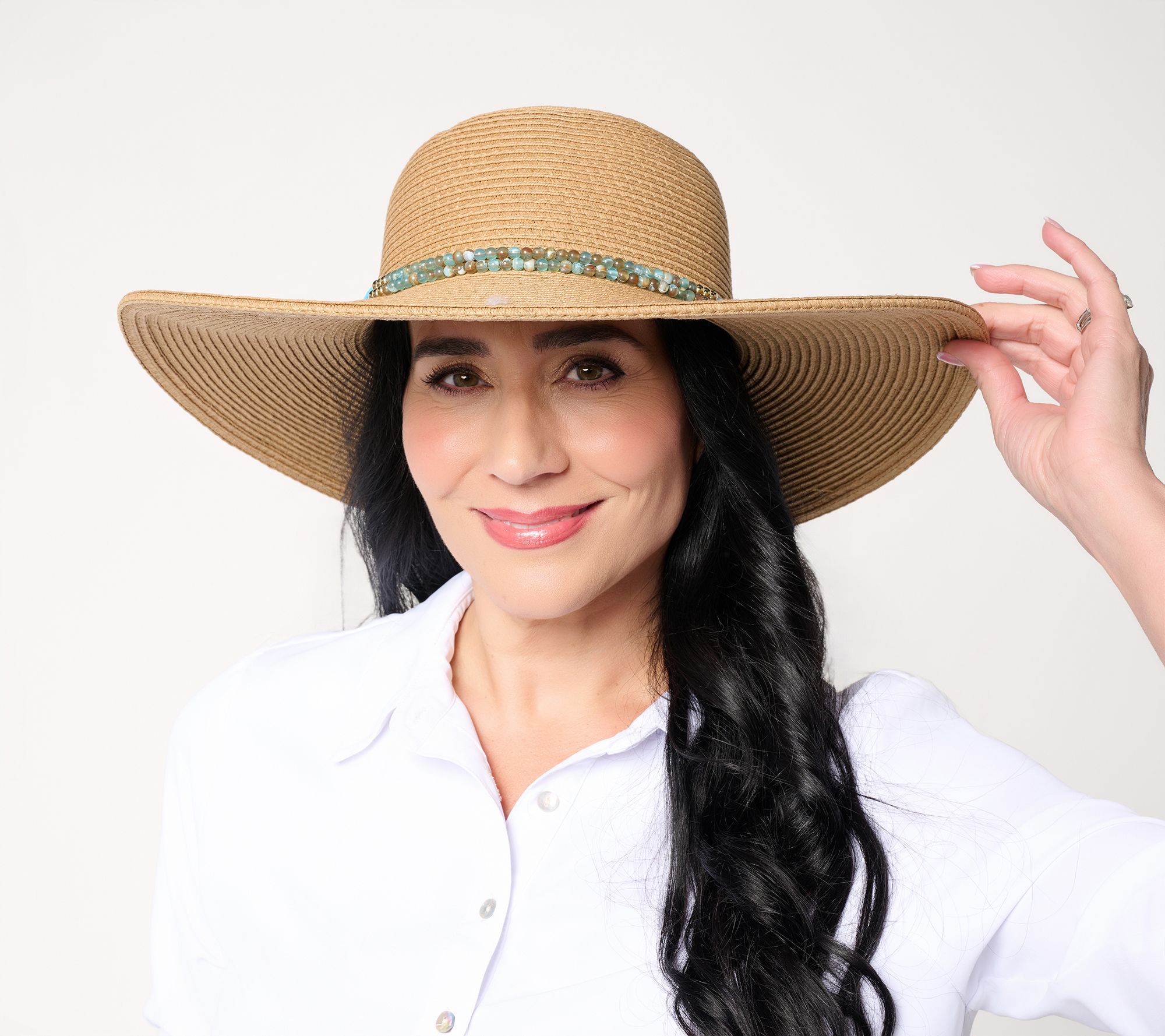 Sprigs Big Brim Straw Sun Hat with Jewel Beaded Band