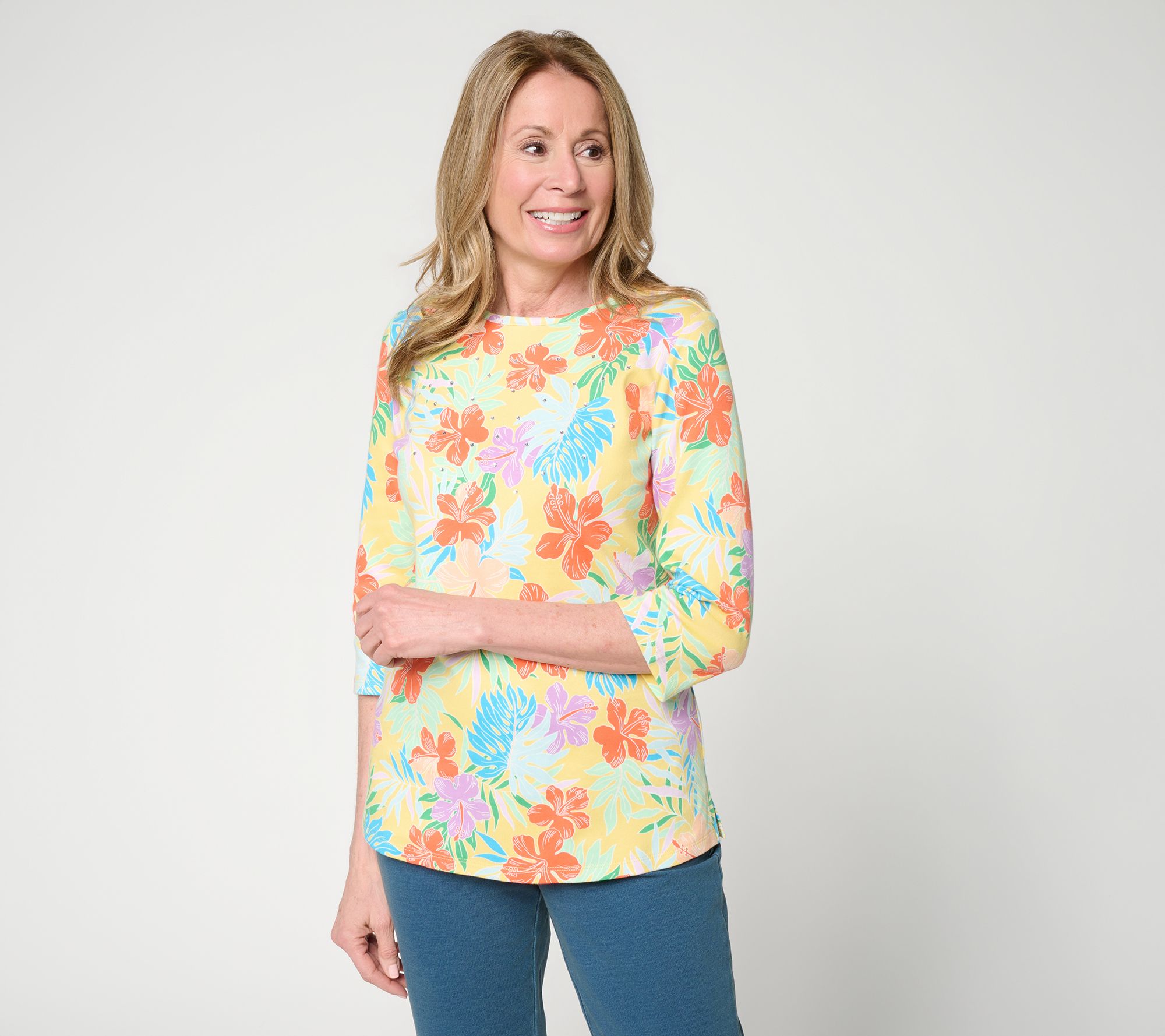 Quacker Factory Island Hopping Printed 3/4 Sleeve Top