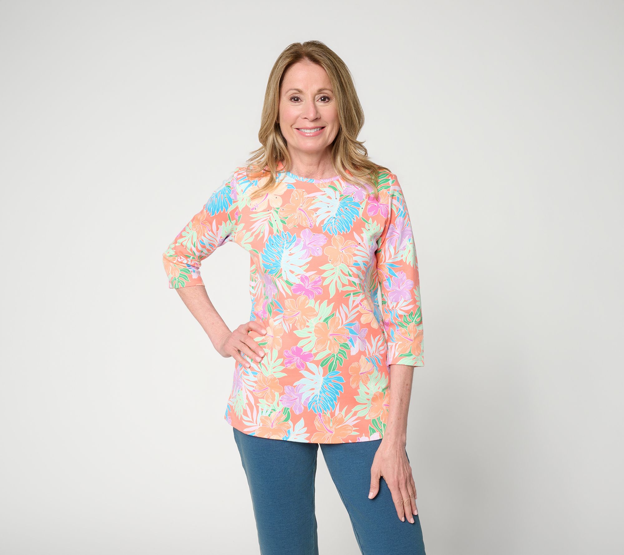 Quacker Factory Island Hopping Printed 3/4 Sleeve Top