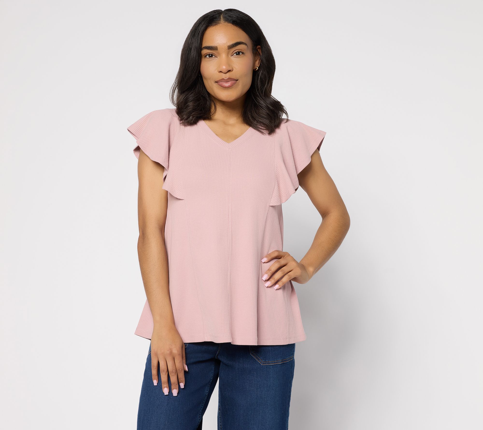  LOGO by Lori Goldstein Flutter Sleeve Knit Ribbed V-Neck Top