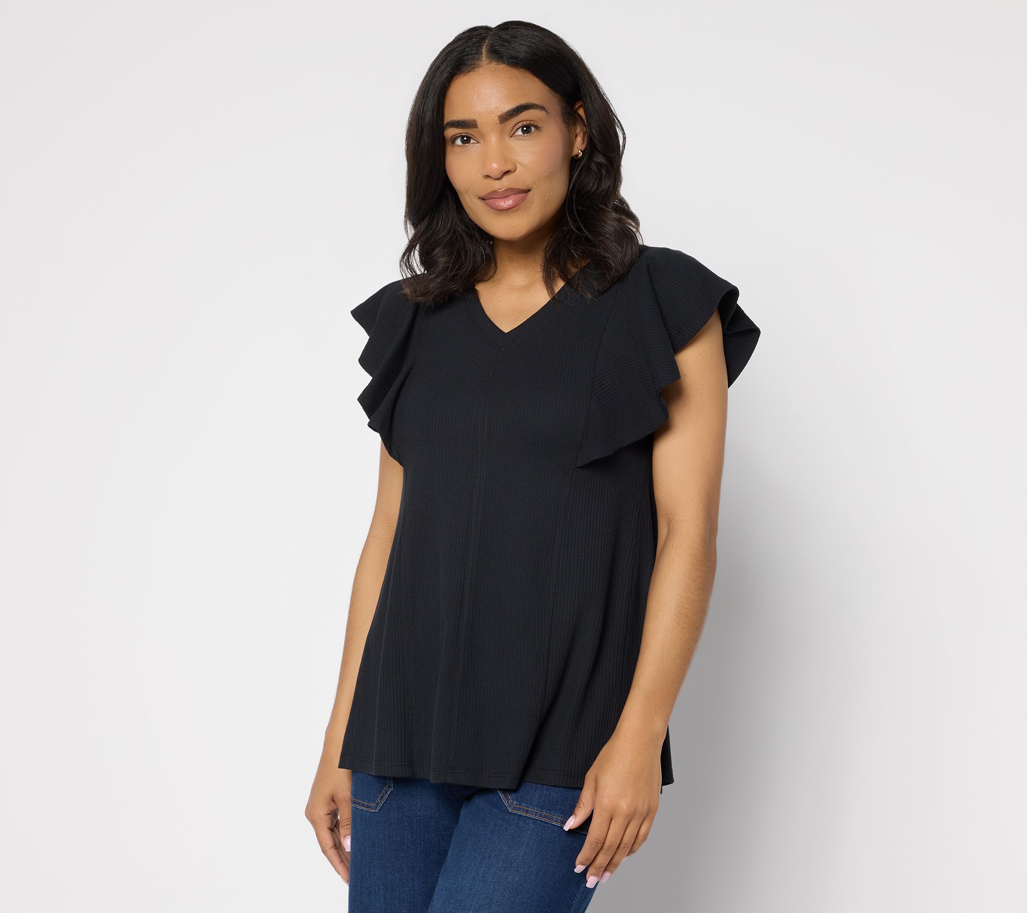 LOGO by Lori Goldstein Flutter Sleeve Knit Ribbed V-Neck Top