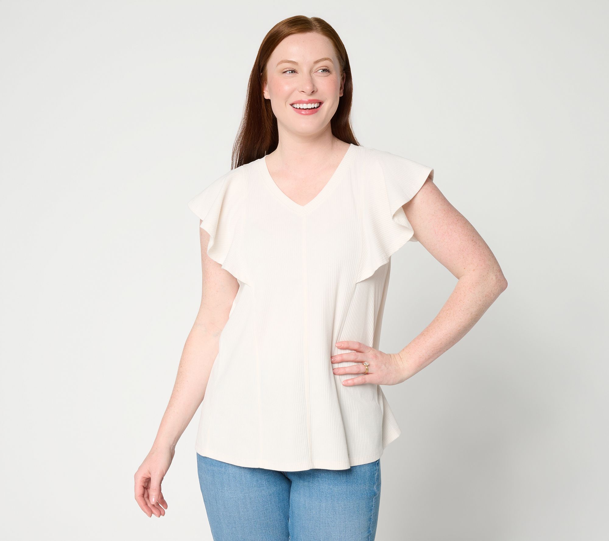 LOGO by Lori Goldstein Flutter Sleeve Knit Ribbed V-Neck Top