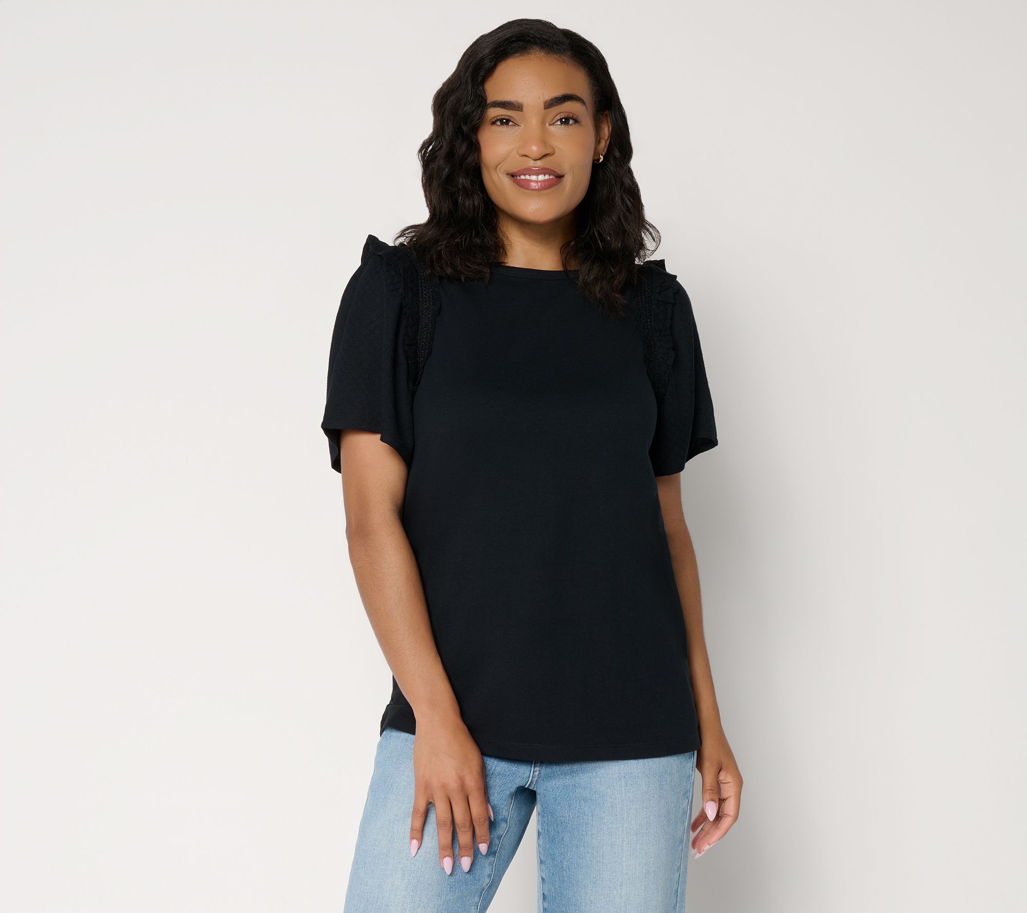 AnyBody Mixed Media Smocked Sleeve Top