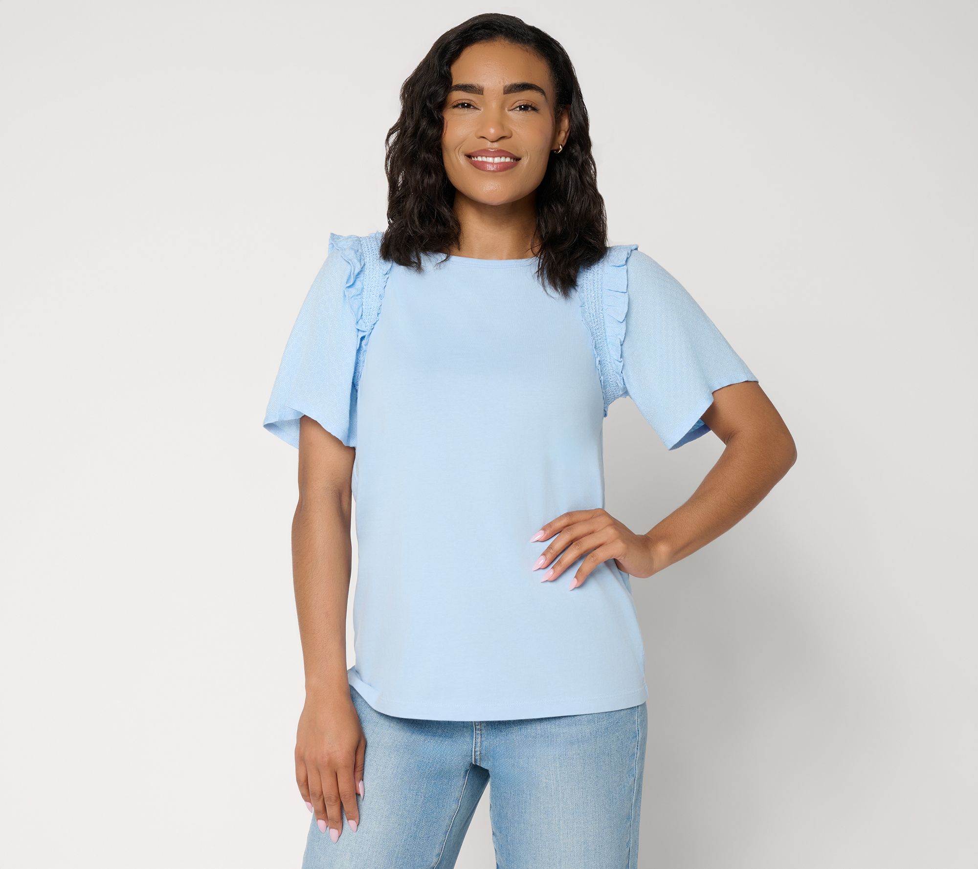 AnyBody Mixed Media Smocked Sleeve Top