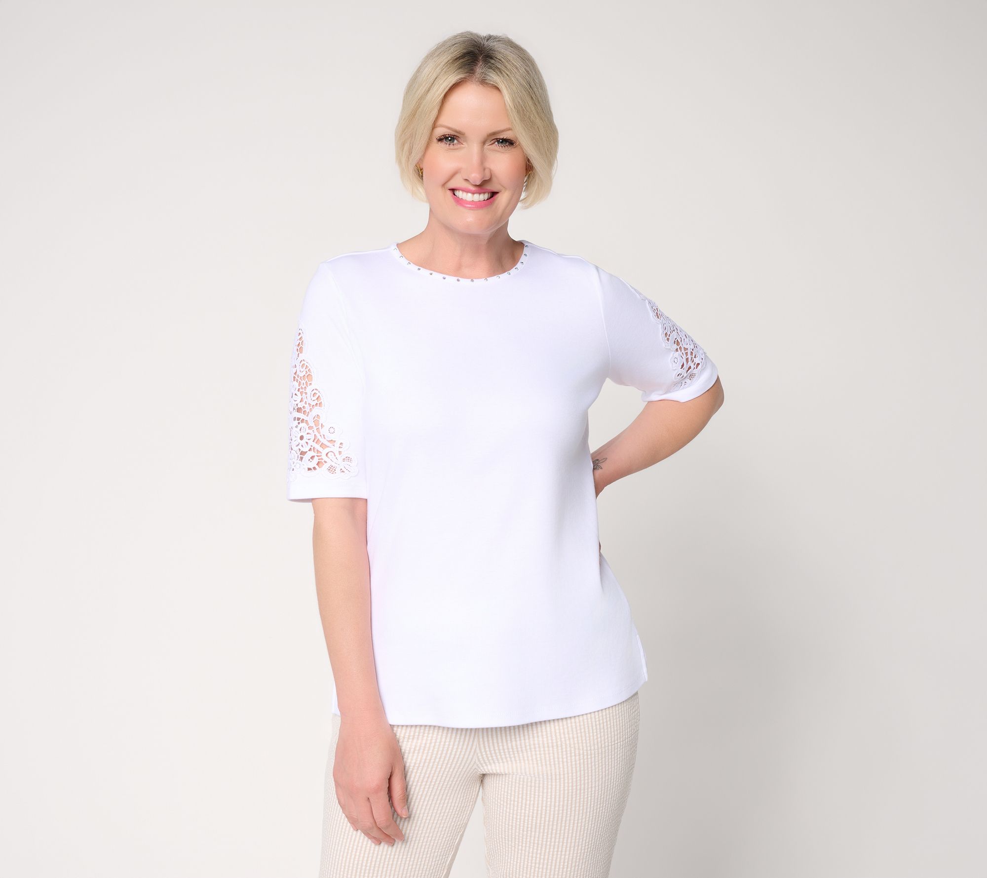 Quacker Factory Lace and Sparkle Elbow Sleeve Top