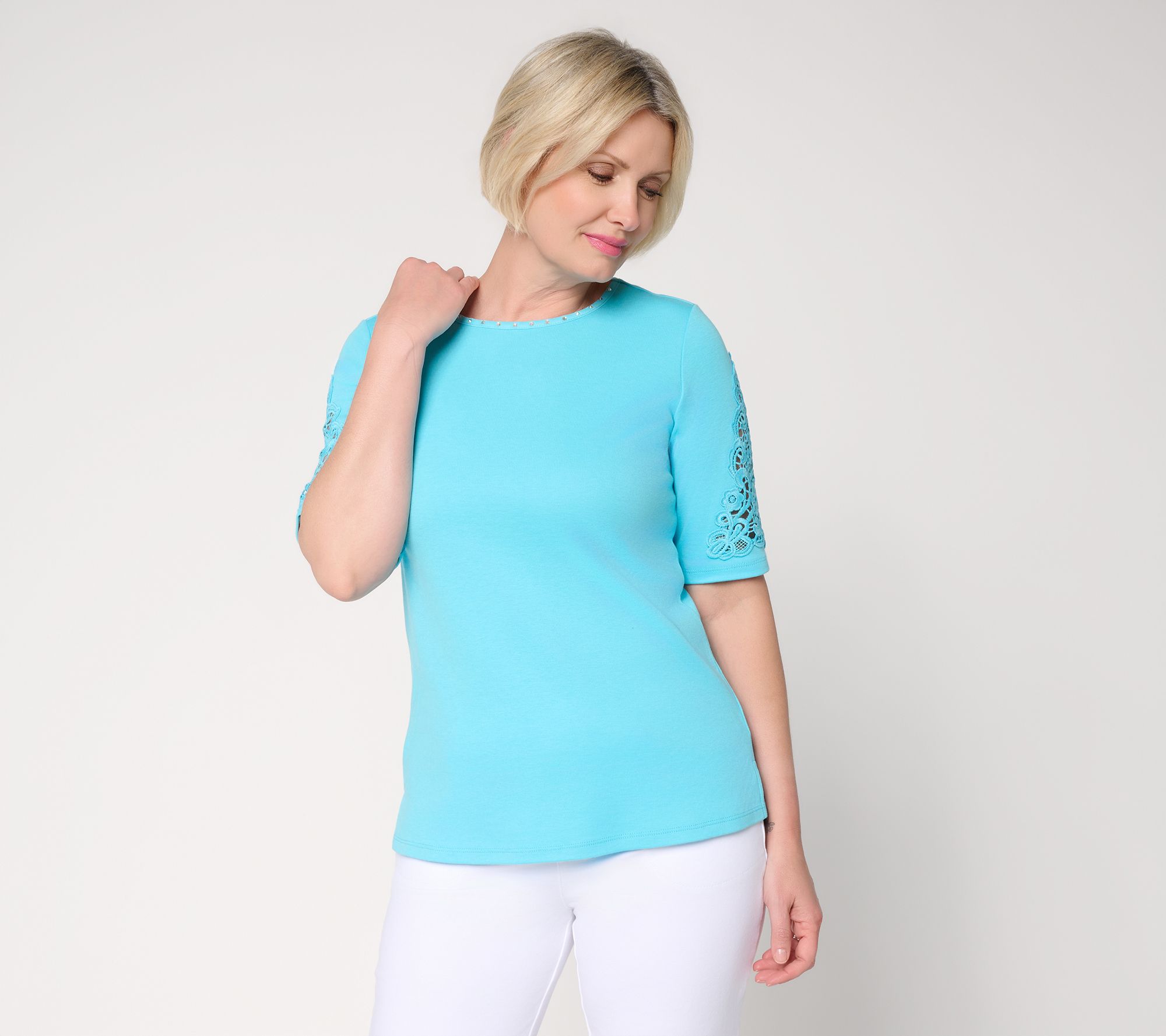 Quacker Factory Lace and Sparkle Elbow Sleeve Top