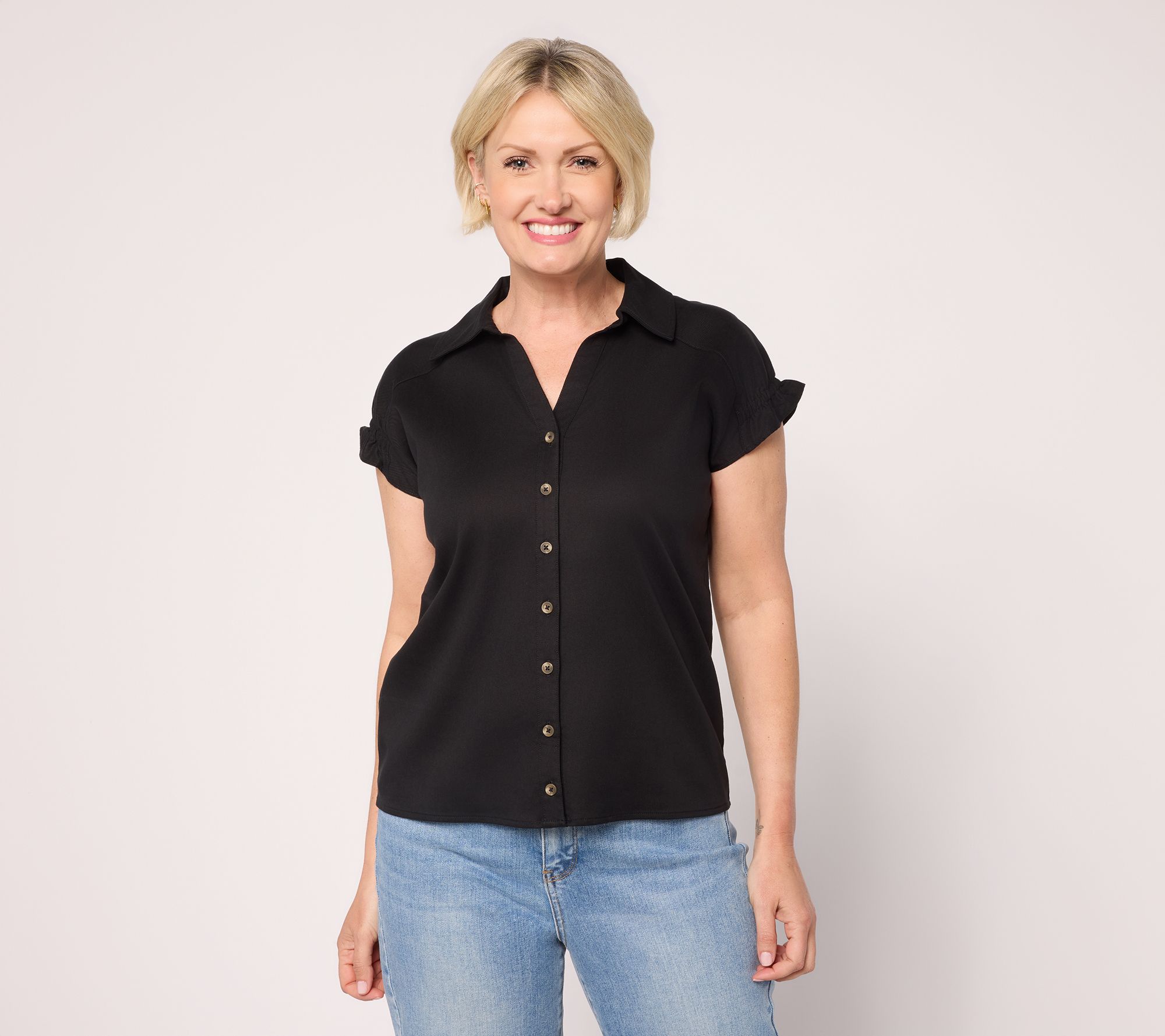 AnyBody Lyocell Collared Top With Sleeve Ruffle