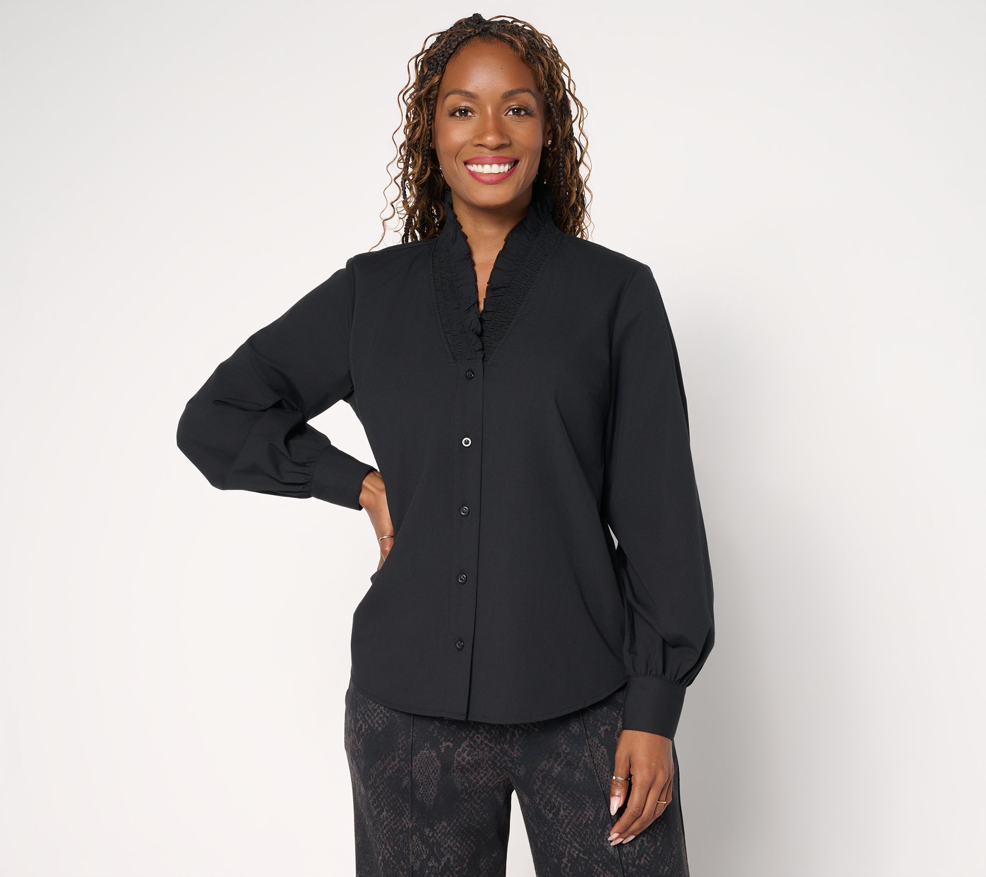 "As Is" Carla Rockmore Collection Ruffle Neck Poplin Shirt