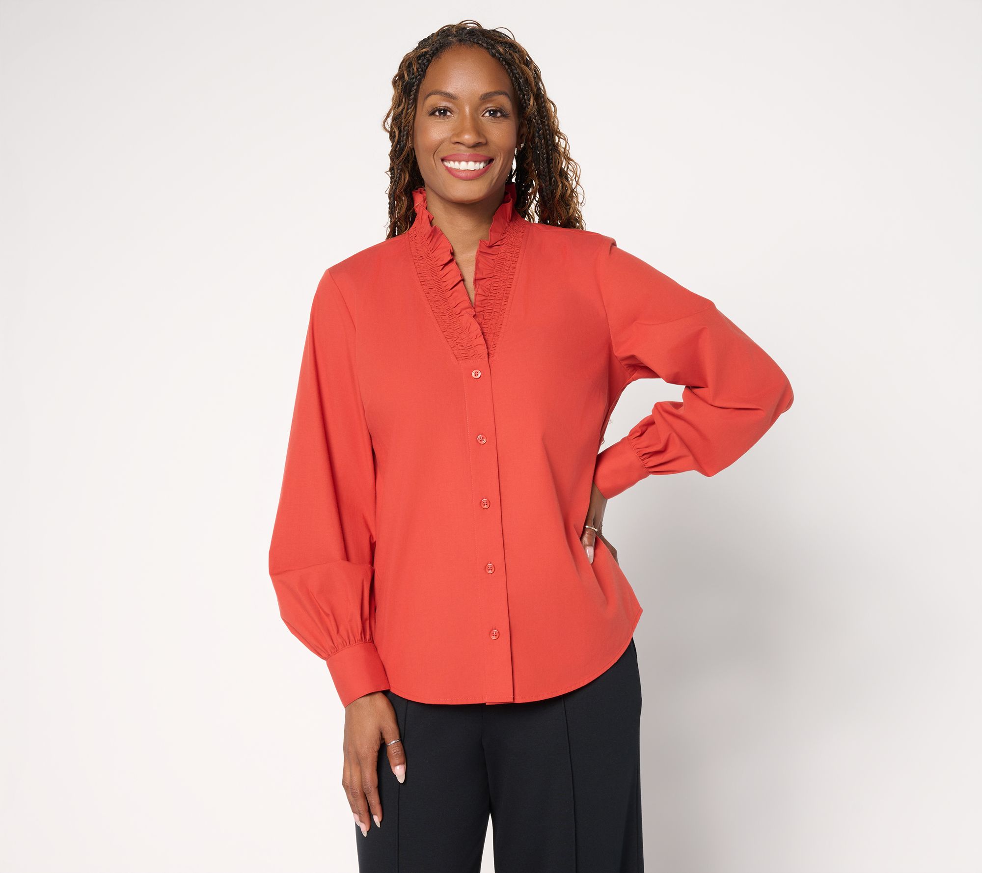 "As Is" Carla Rockmore Collection Ruffle Neck Poplin Shirt