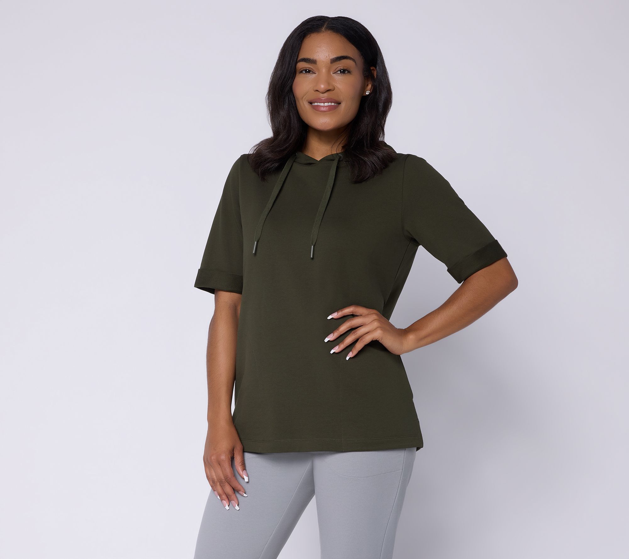 Denim & Co. Active French Terry Elbow Sleeve Hooded Top