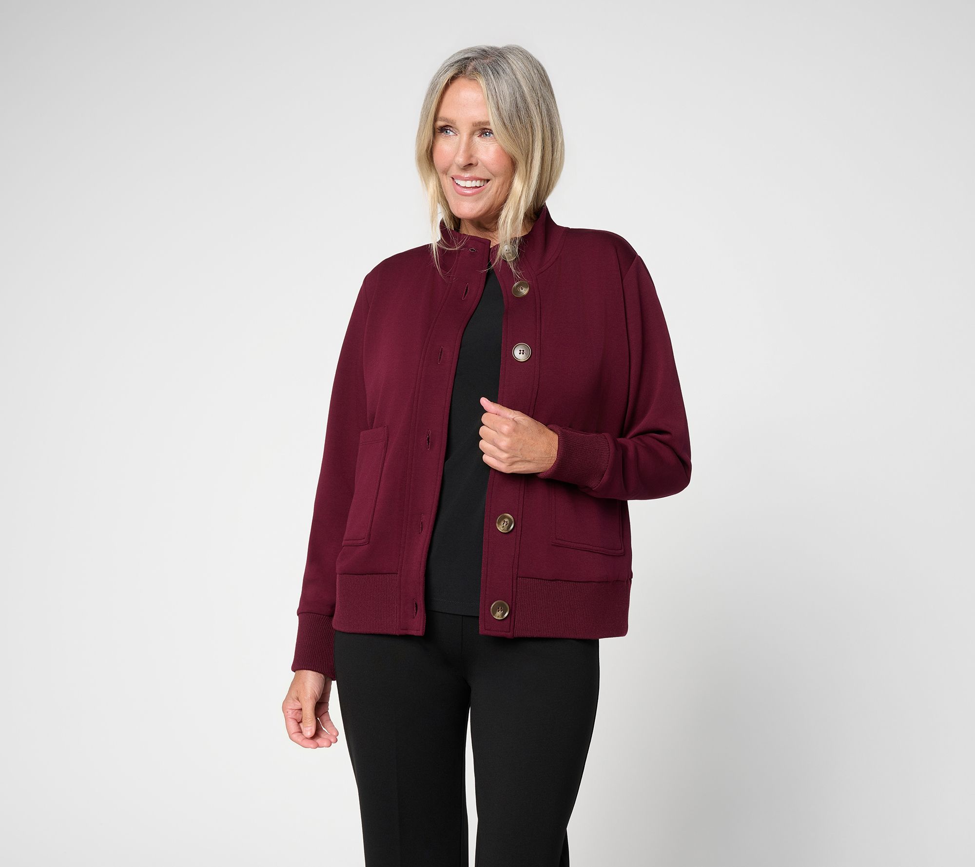 Susan Graver Weekend Serene Knit Button Front Rib Trim Jacket