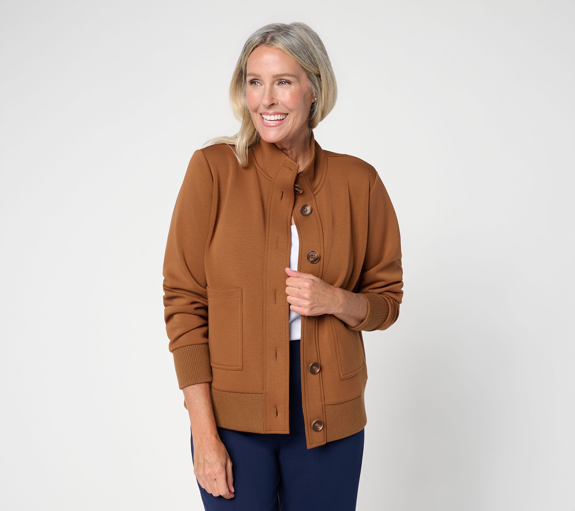 Susan Graver Weekend Serene Knit Button Front Rib Trim Jacket
