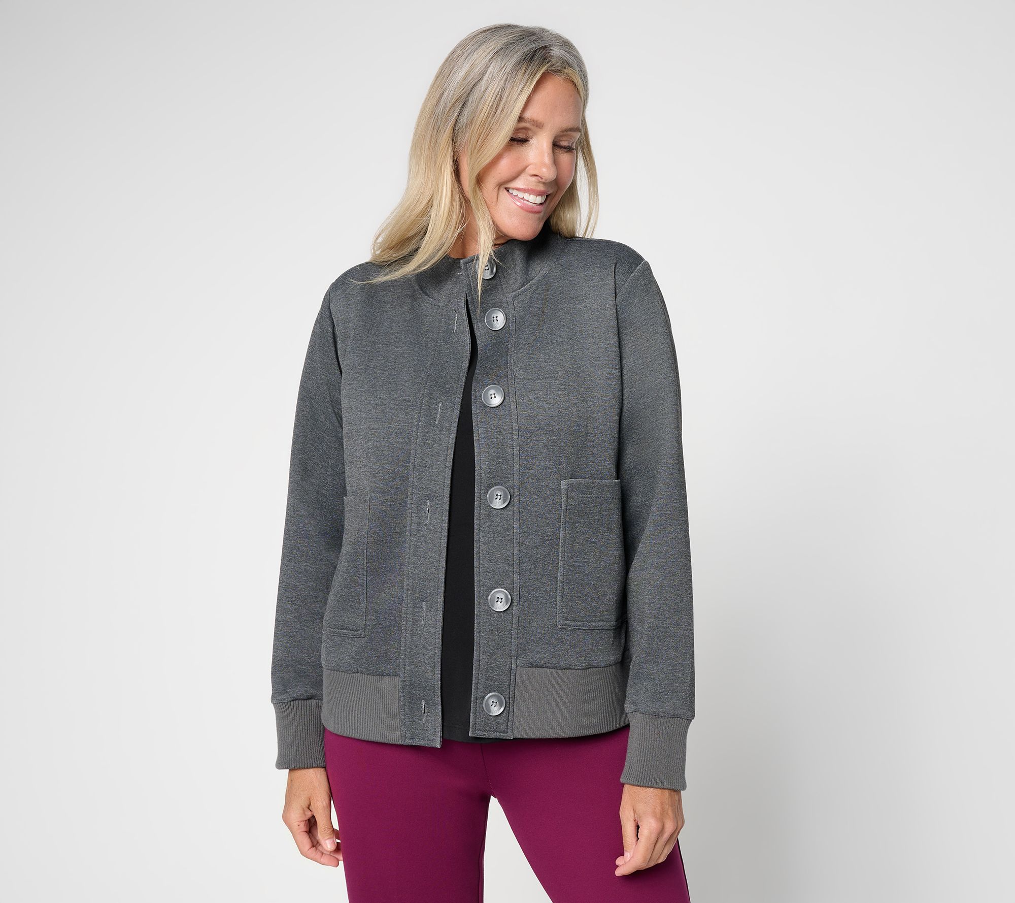 Susan Graver Weekend Serene Knit Button Front Rib Trim Jacket