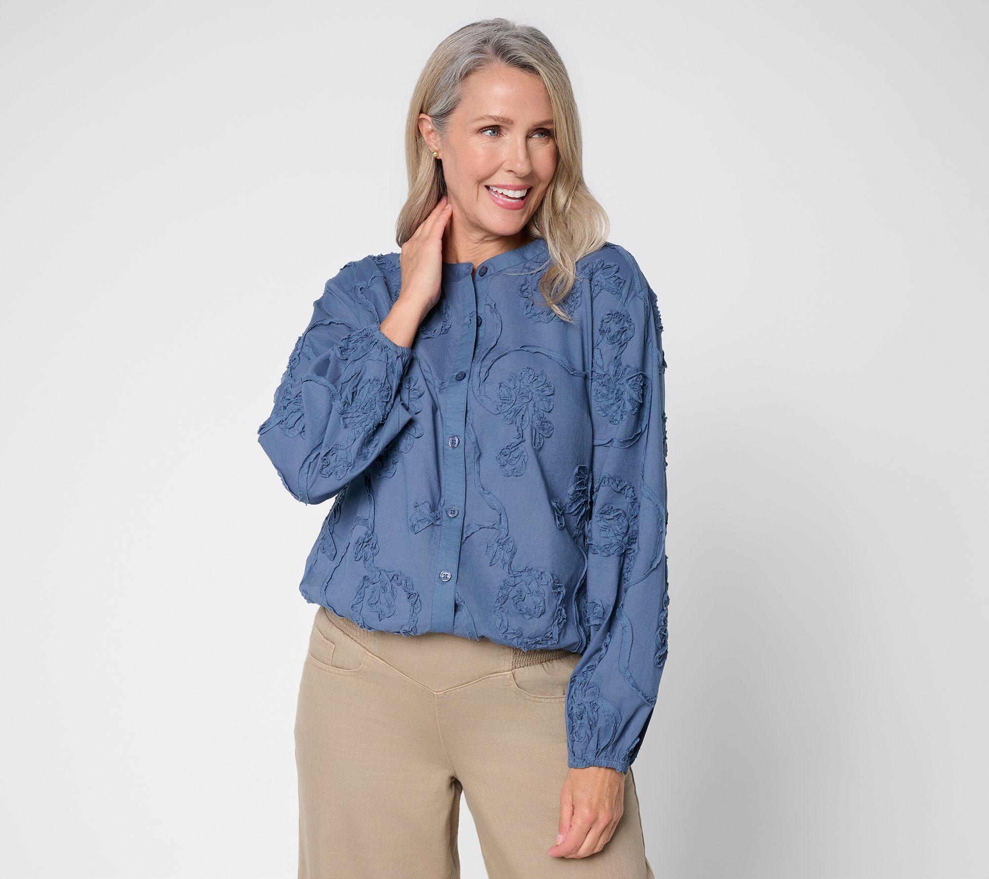 "As Is" LOGO Lavish by Lori Goldstein Cot. Soutache B/F Bubble Hem Top