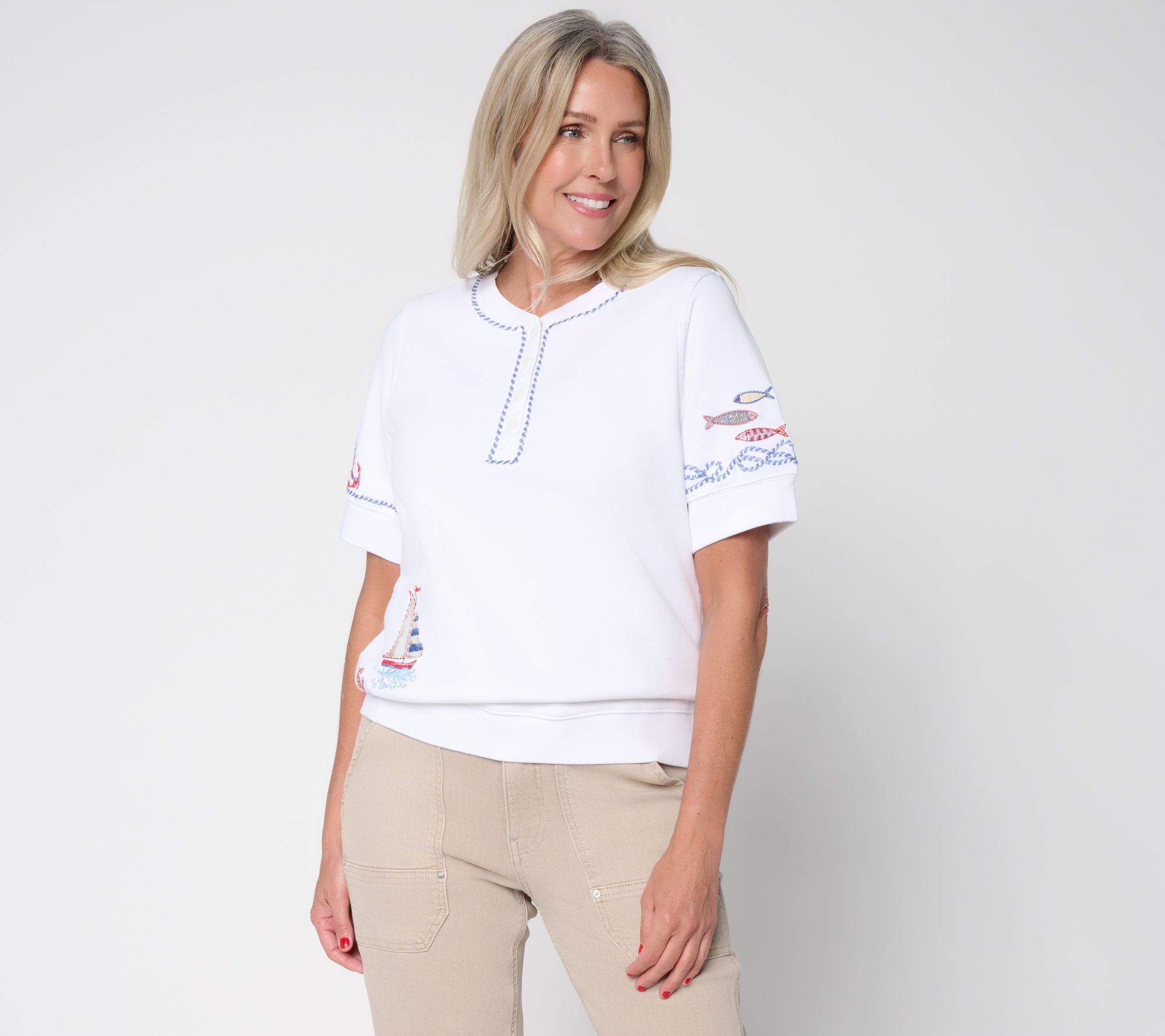 "As Is" Driftwood Jeans Short Sleeve Henley Top - Going Coastal