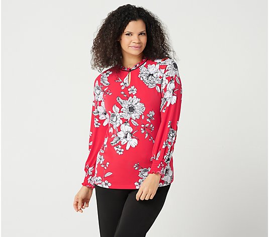 Susan Graver Printed Liquid Knit Top with Smocked Cuffs