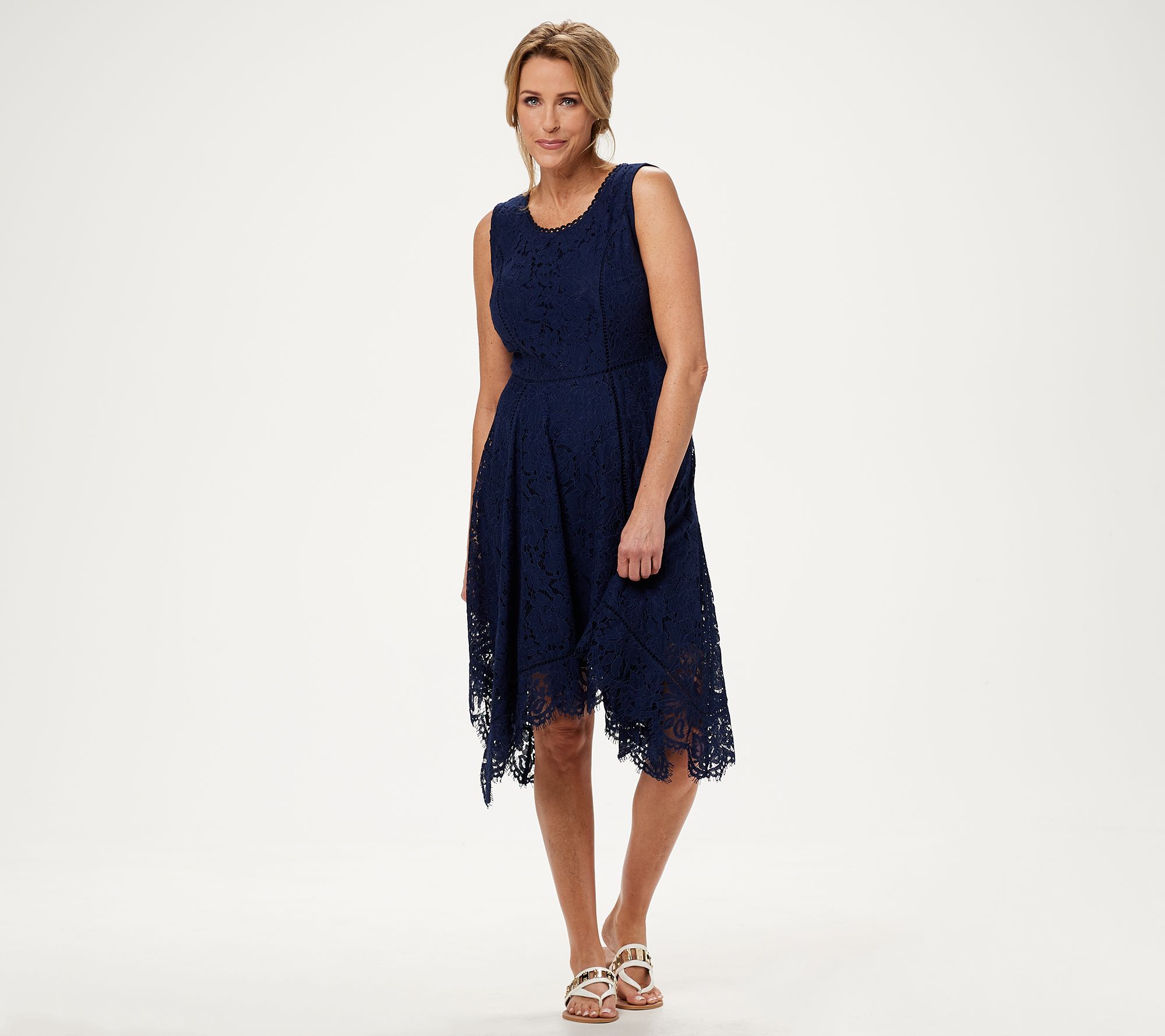Isaac Mizrahi Live Petite Handkerchief Hem Floral Lace Midi Dress Qvc Com 