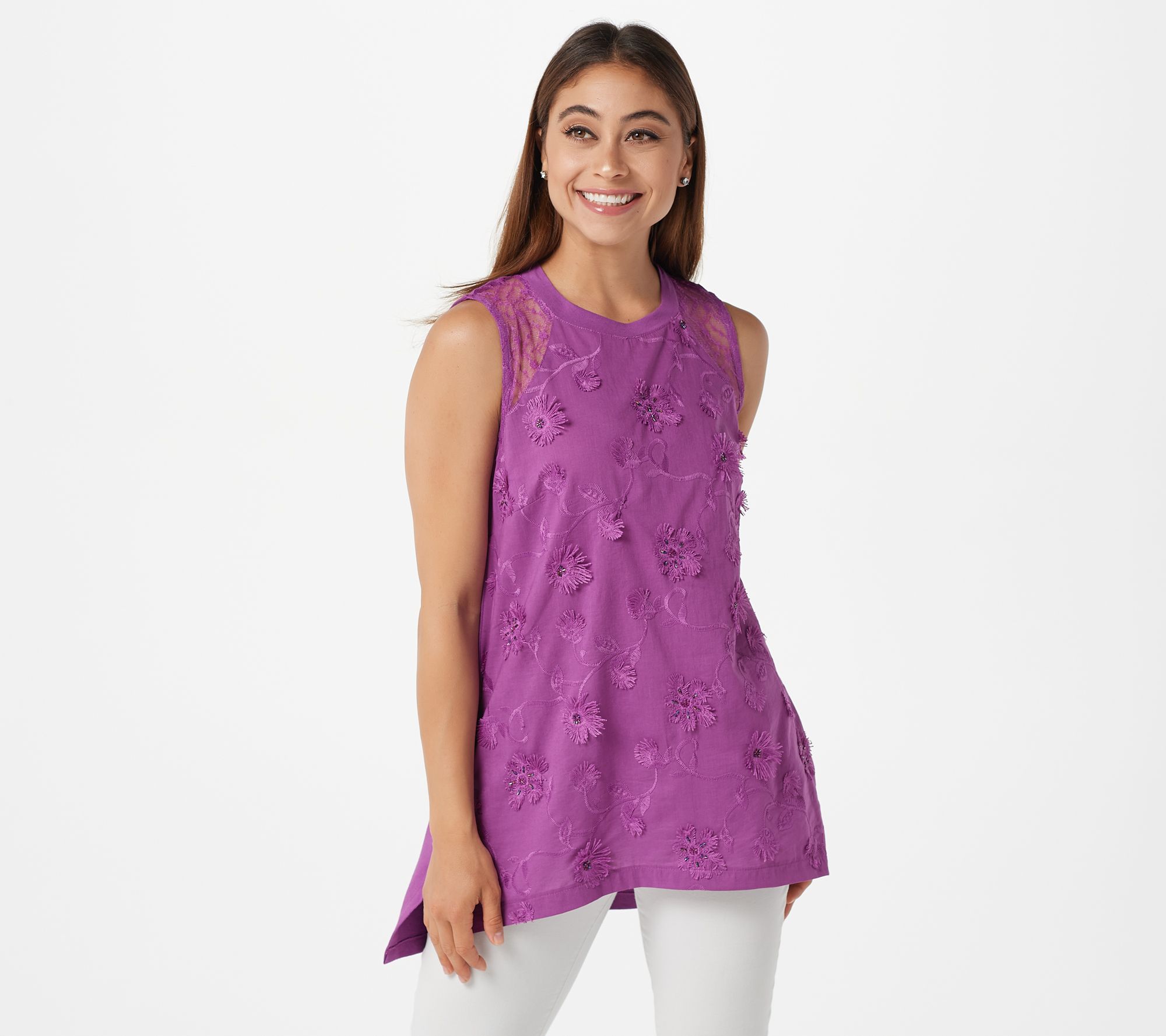 "As Is" LOGO Lavish by Lori Goldstein Embroidered Tank w/ Lace