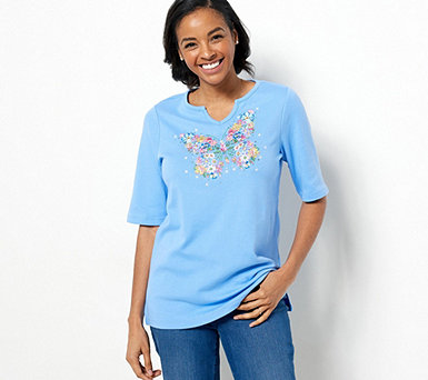  Quacker Factory Floral Bursts Elbow Sleeve Top - A493090