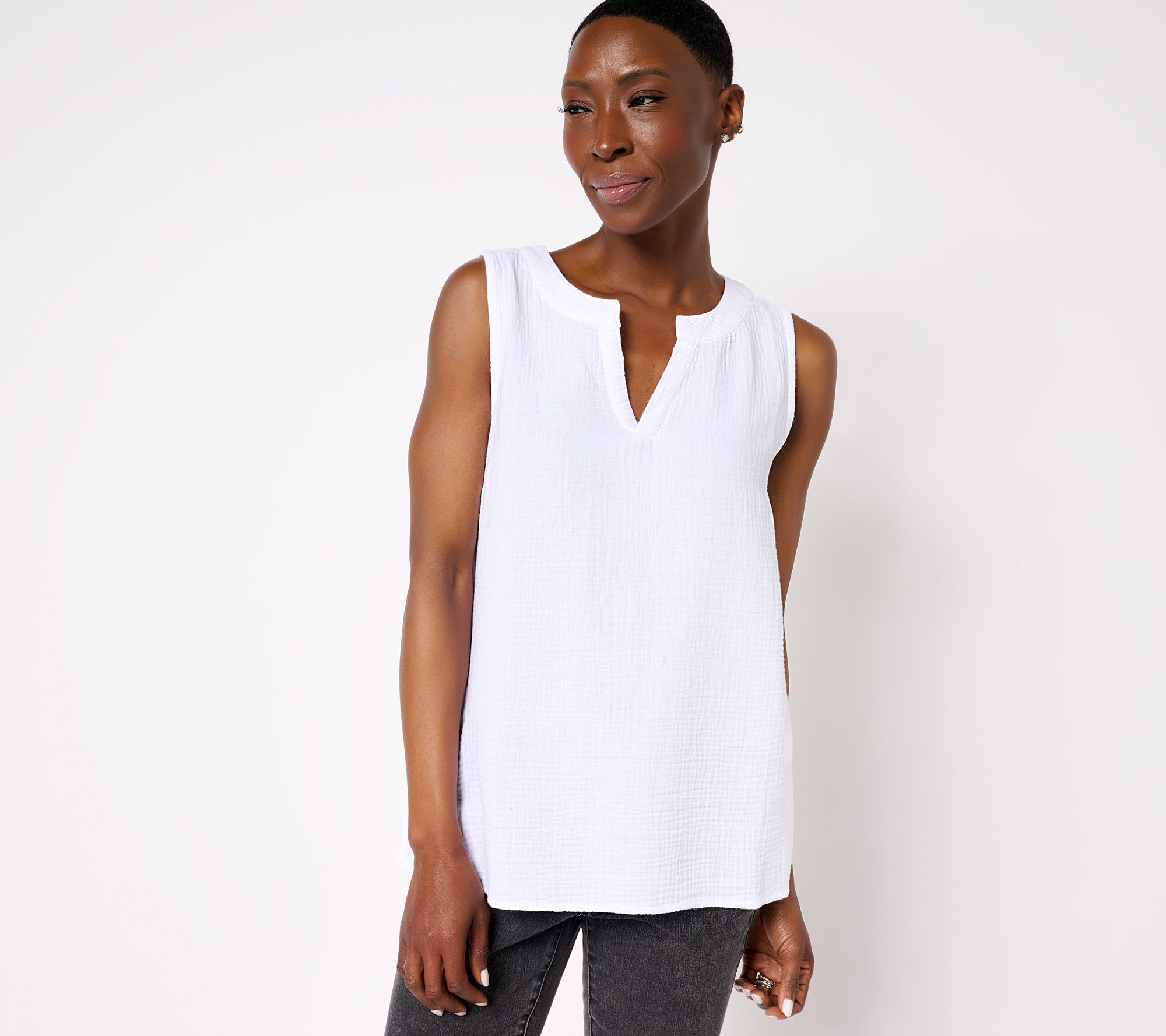 Peace Love World Boheme Gauze Split V-Neck Tank Top