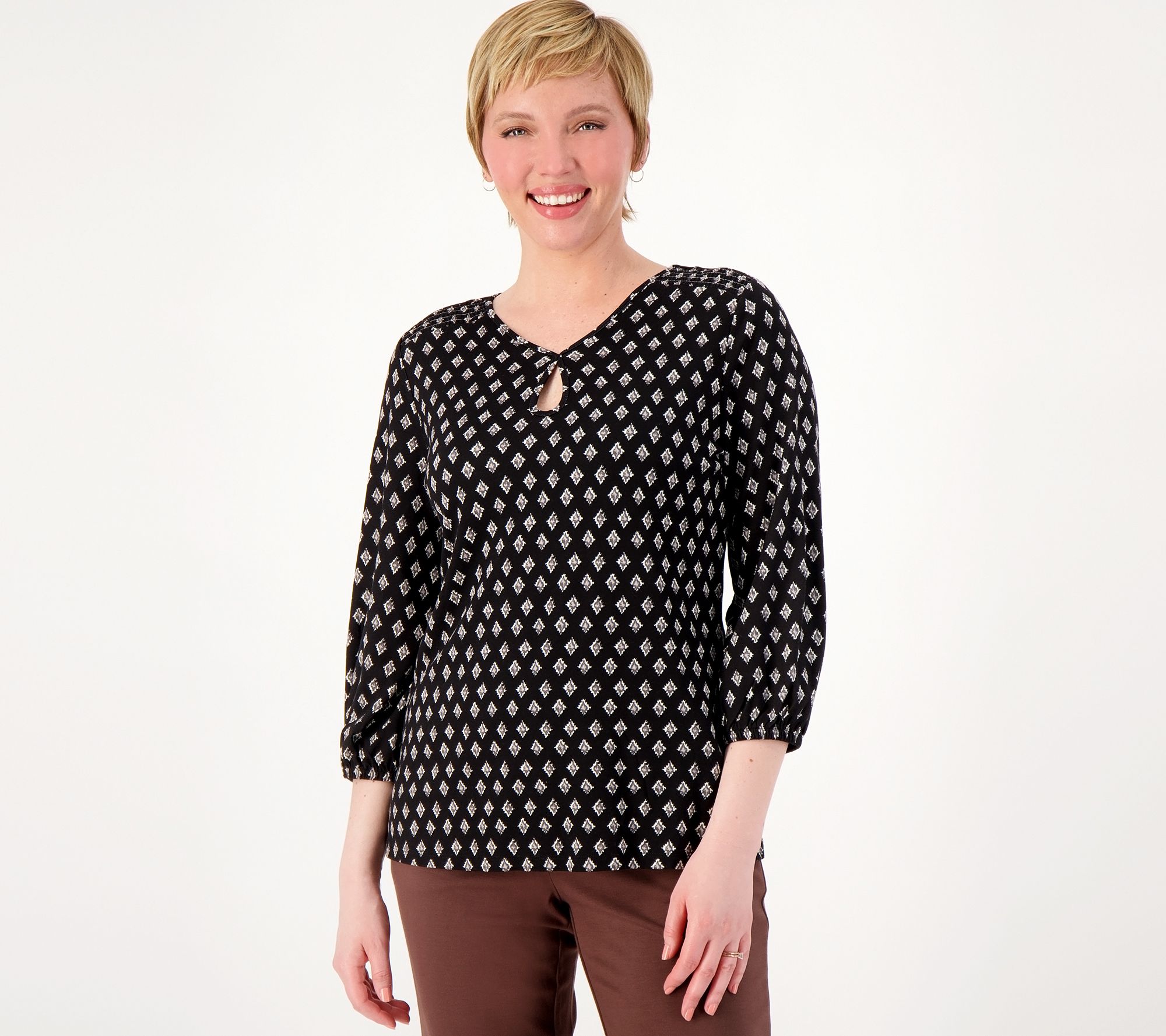 Isaac Mizrahi Live! Printed 3/4 Sleeve Top with Smocking