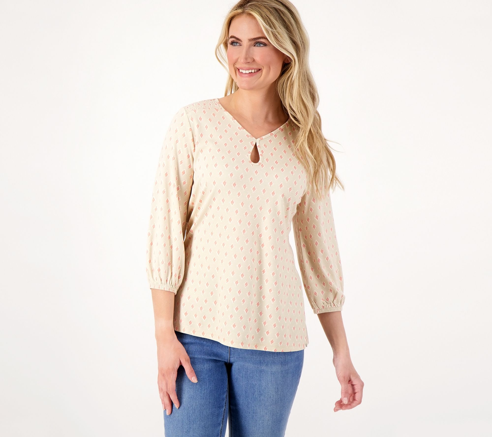 Isaac Mizrahi Live! Printed 3/4 Sleeve Top with Smocking