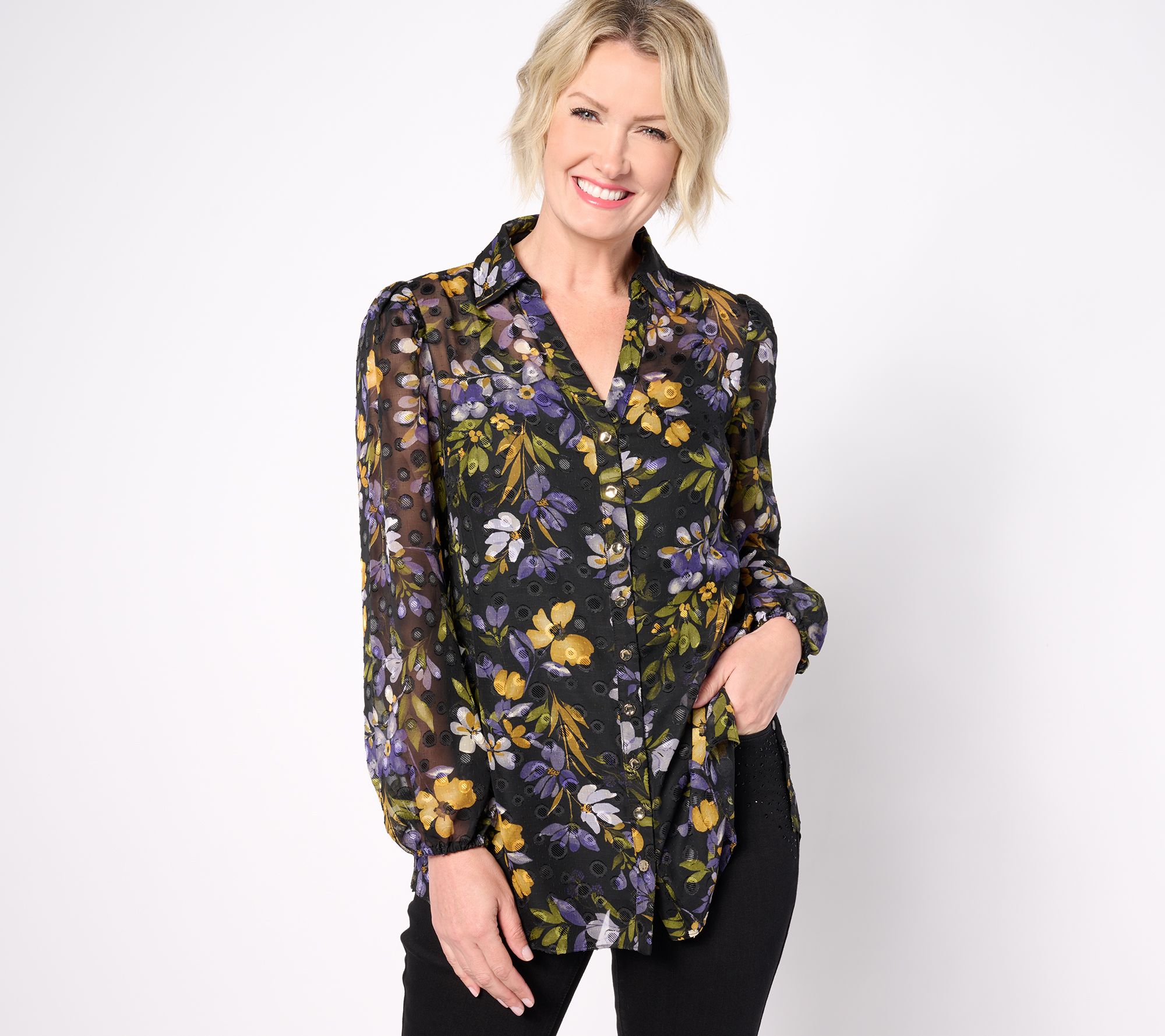 Susan Graver Regular Sheer Woven Clip Dot Button Front Tunic