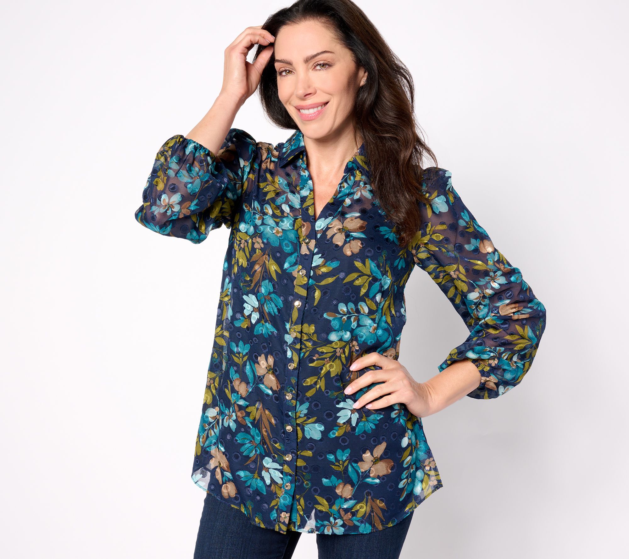 Susan Graver Regular Sheer Woven Clip Dot Button Front Tunic