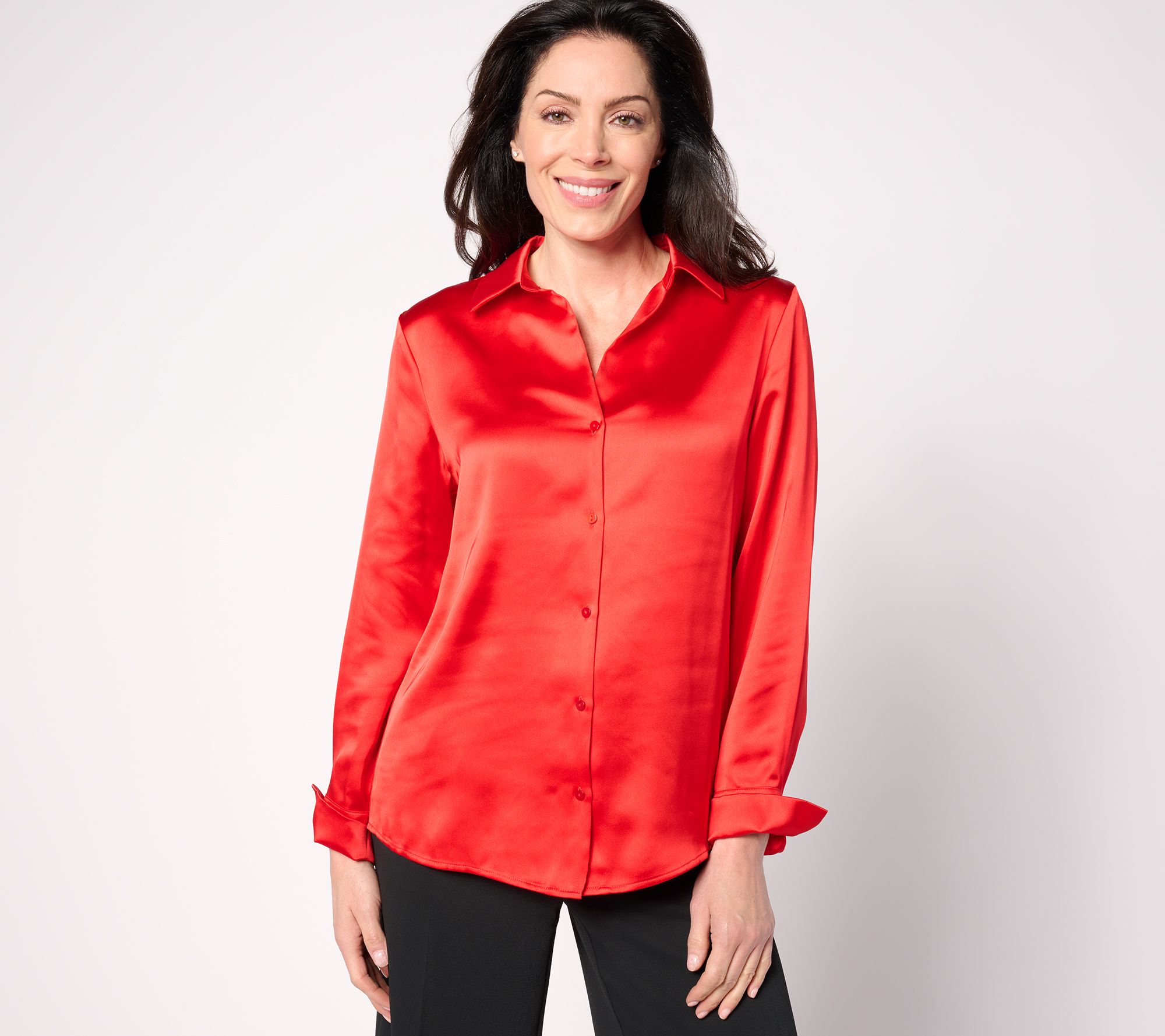 BEAUTIFUL by Lawrence Zarian The Joy Satin Button-Front Blouse - QVC.com