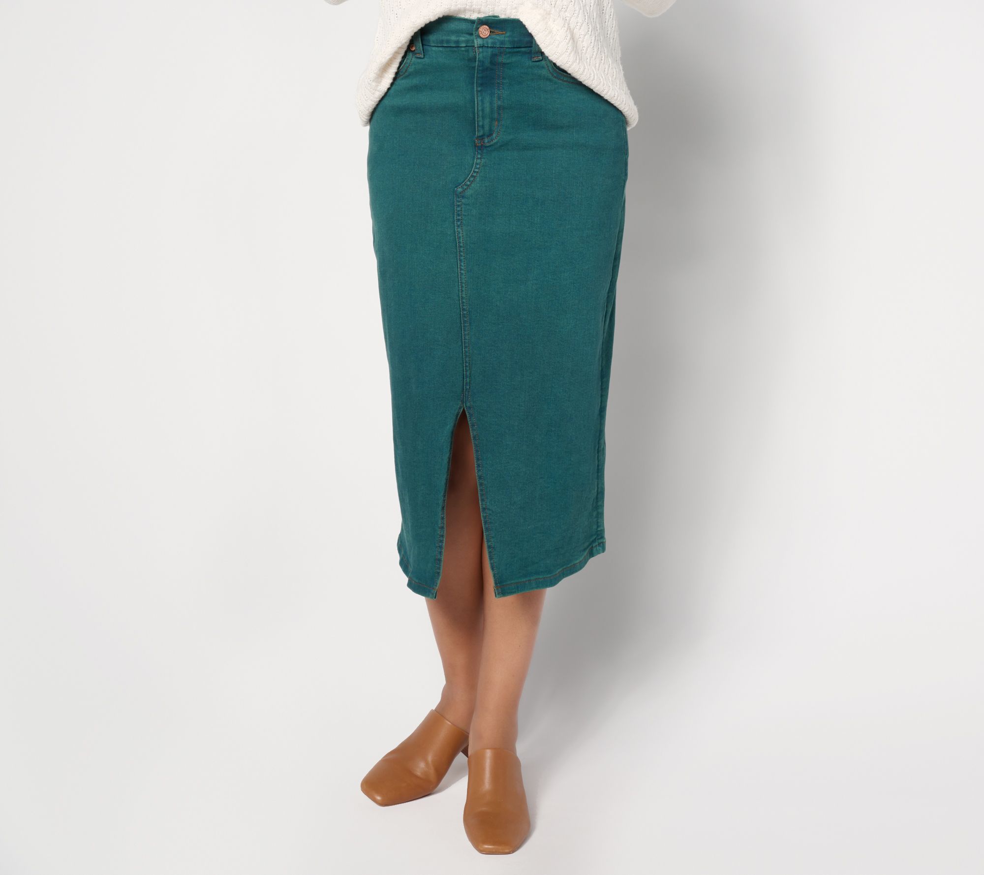 Denim u0026 Co. Canyon Retreat Easy Stretch Overdye Skirt Midi Skirt