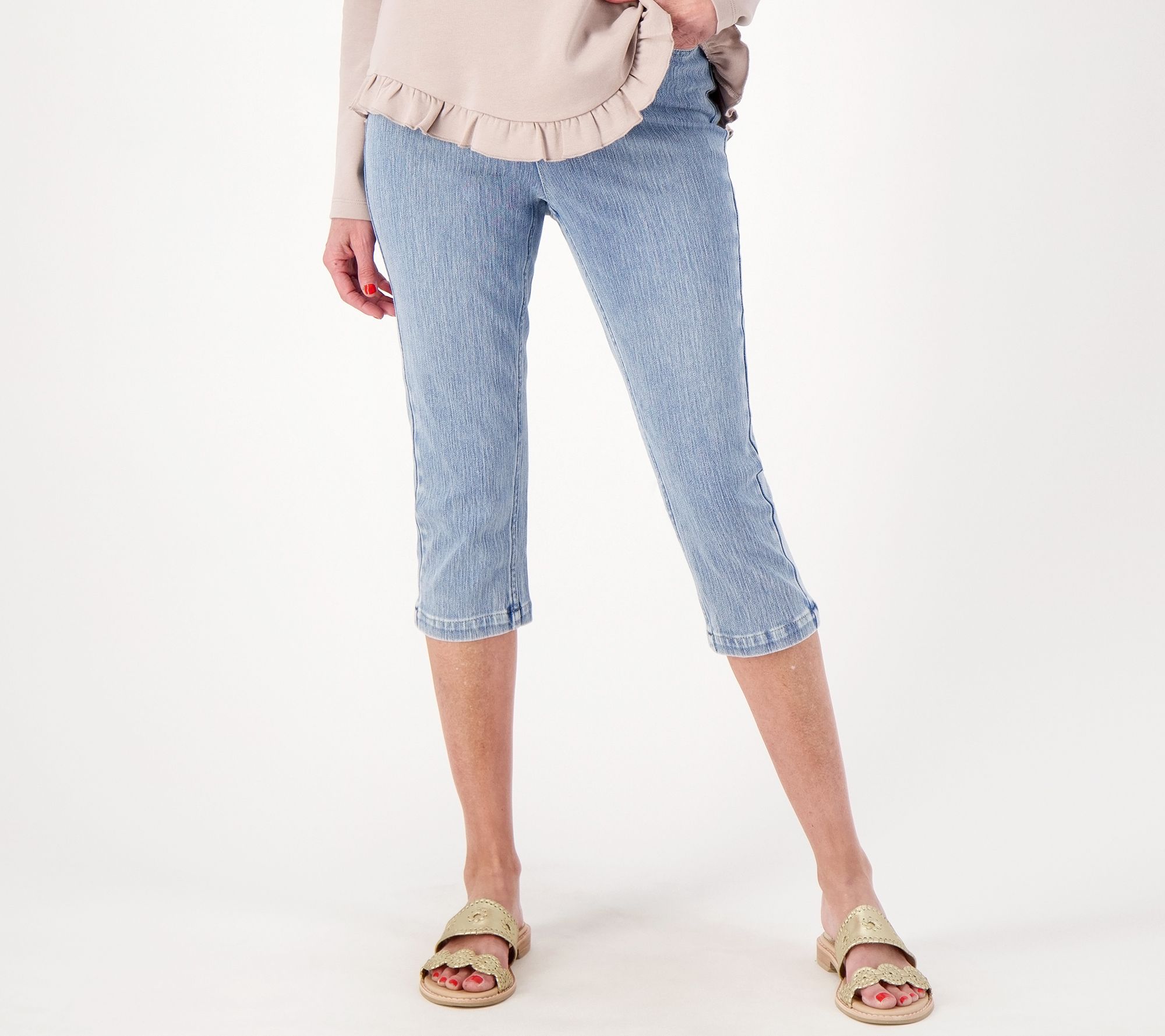 "As Is" Isaac Mizrahi Live! Reg Knit Denim Pull On Capri w/ Deep Hem