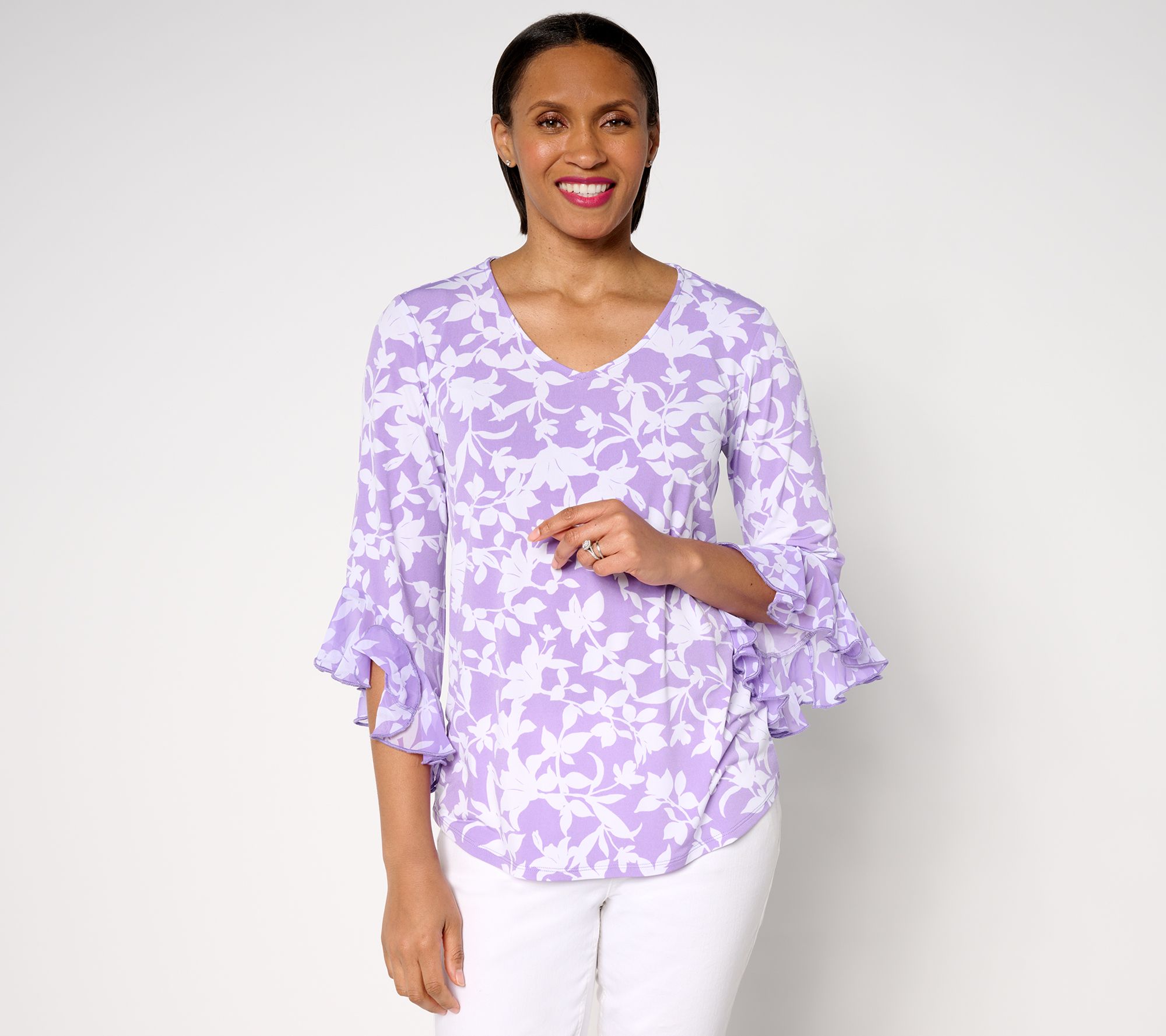 Susan Graver Printed Liquid Knit Top with Chiffon Ruffle Sleeve