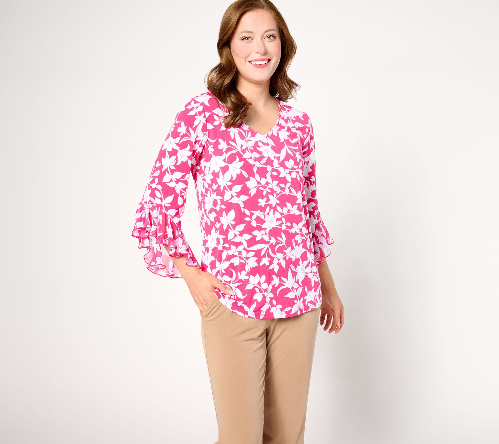 Susan Graver Printed Liquid Knit Top with Chiffon Ruffle Sleeve