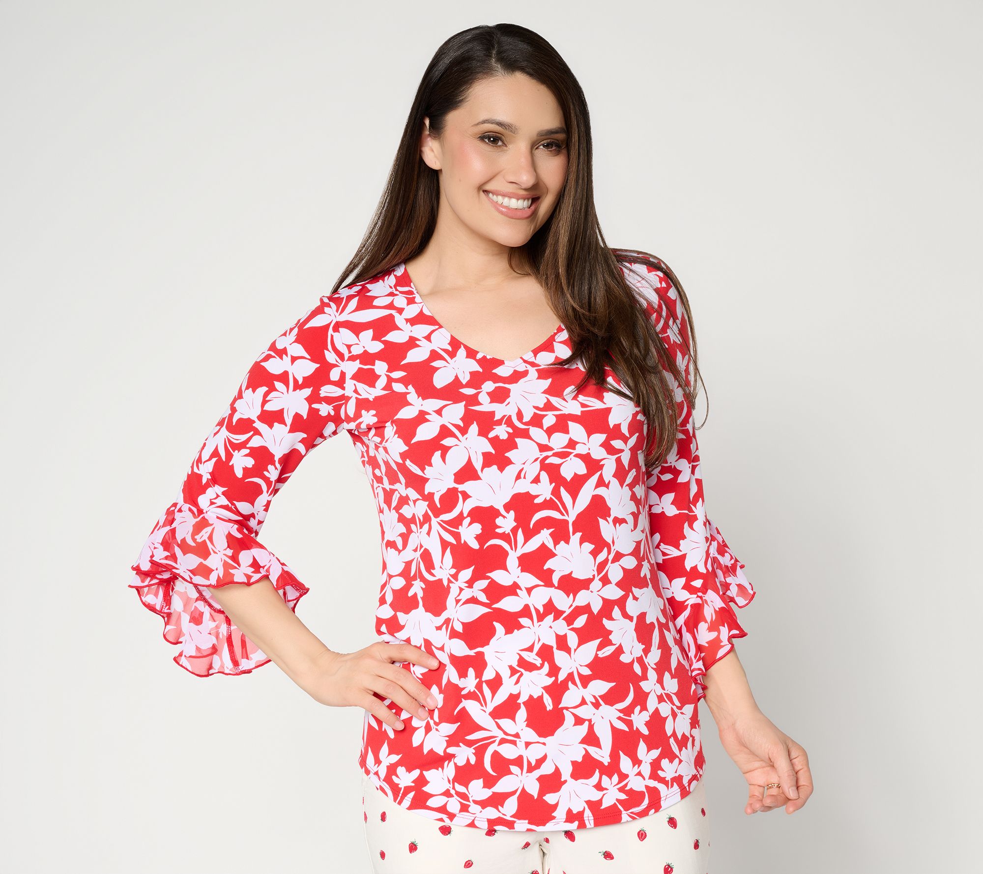 Susan Graver Printed Liquid Knit Top with Chiffon Ruffle Sleeve