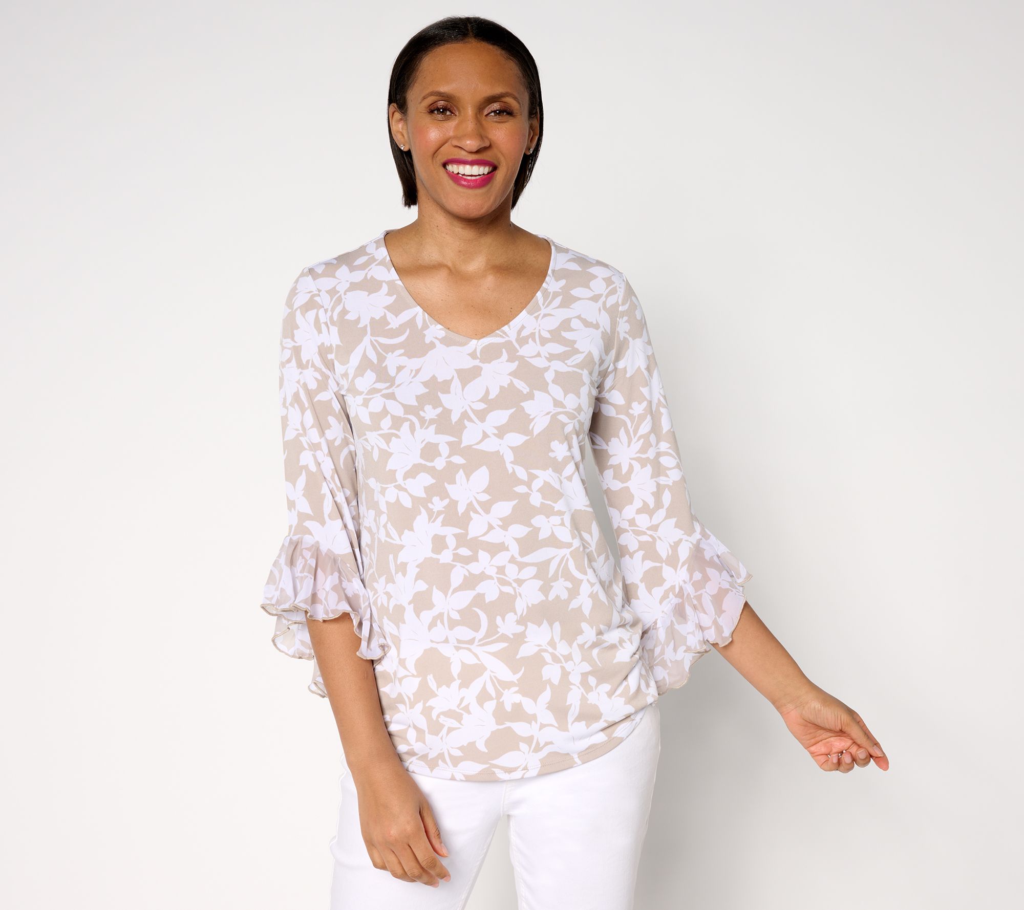 Susan Graver Printed Liquid Knit Top with Chiffon Ruffle Sleeve