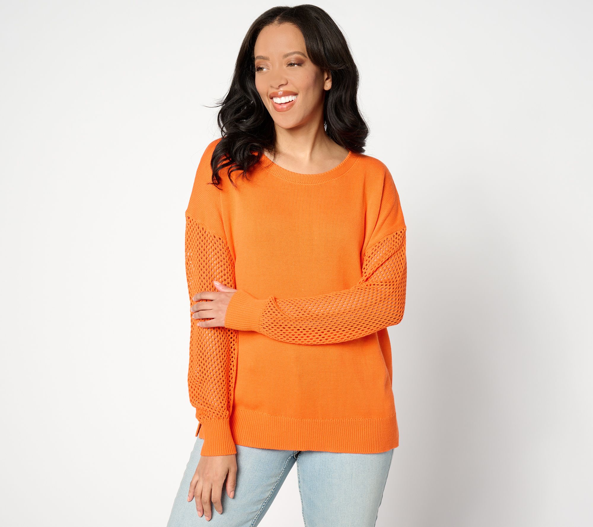 Belle Beach by Kim Gravel Mixed Media Pointelle Sleeve Sweater