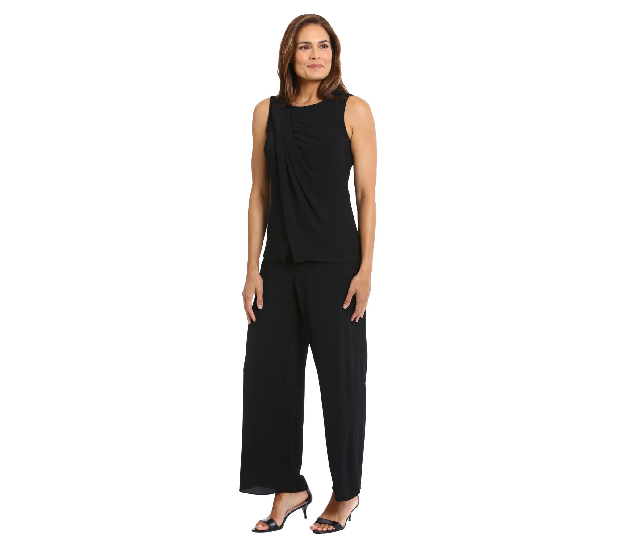 London Times Jewel-Neck Pleated Crossover Jumpsuit - QVC.com