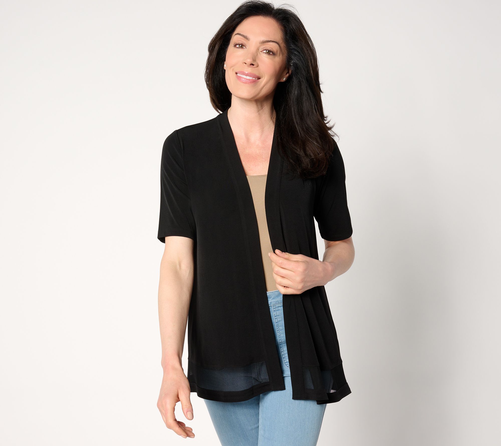 Susan Graver Regular Liquid Knit Elbow Sleeve Cardigan with Mesh Inset