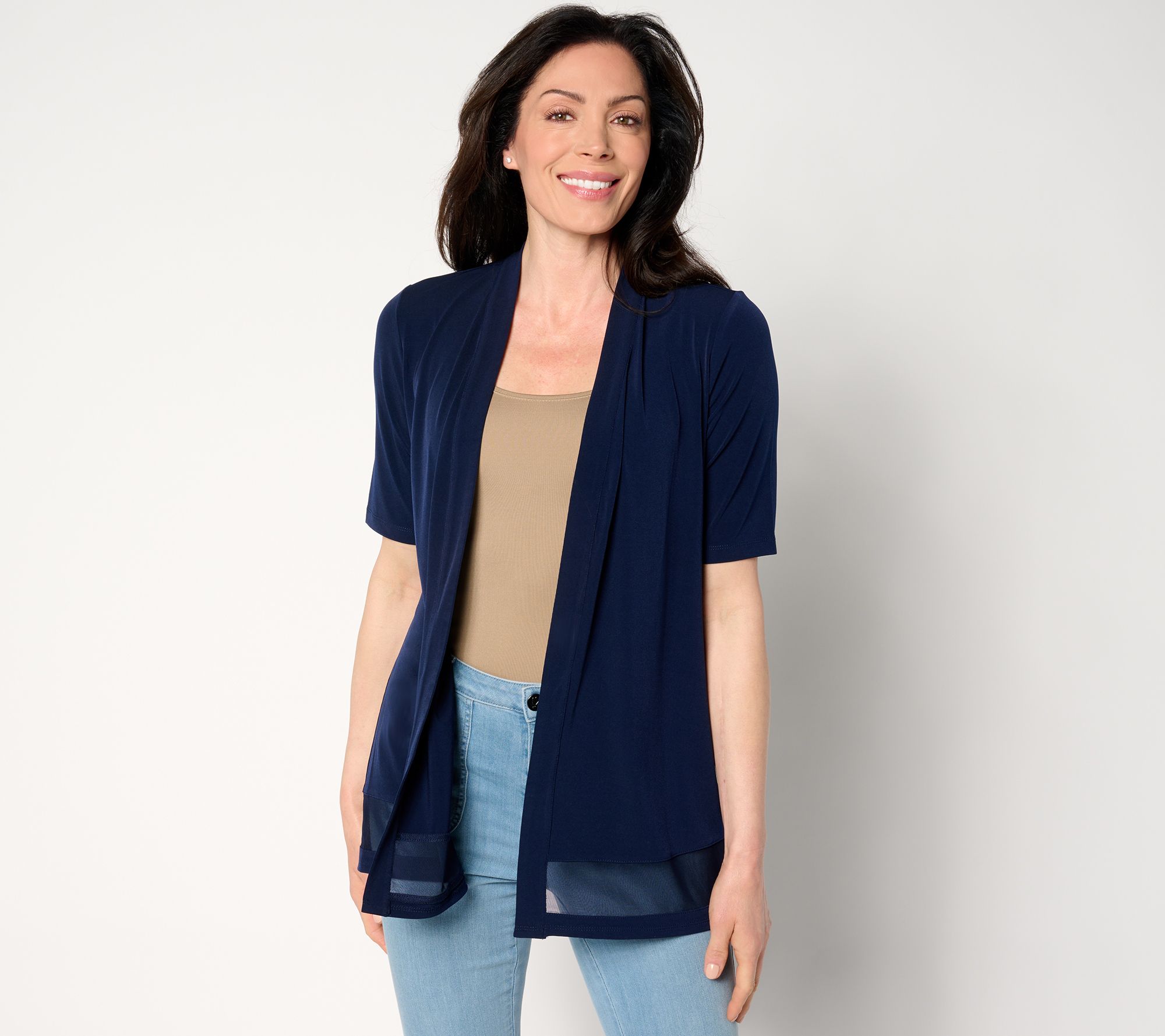 Susan Graver Regular Liquid Knit Elbow Sleeve Cardigan with Mesh Inset