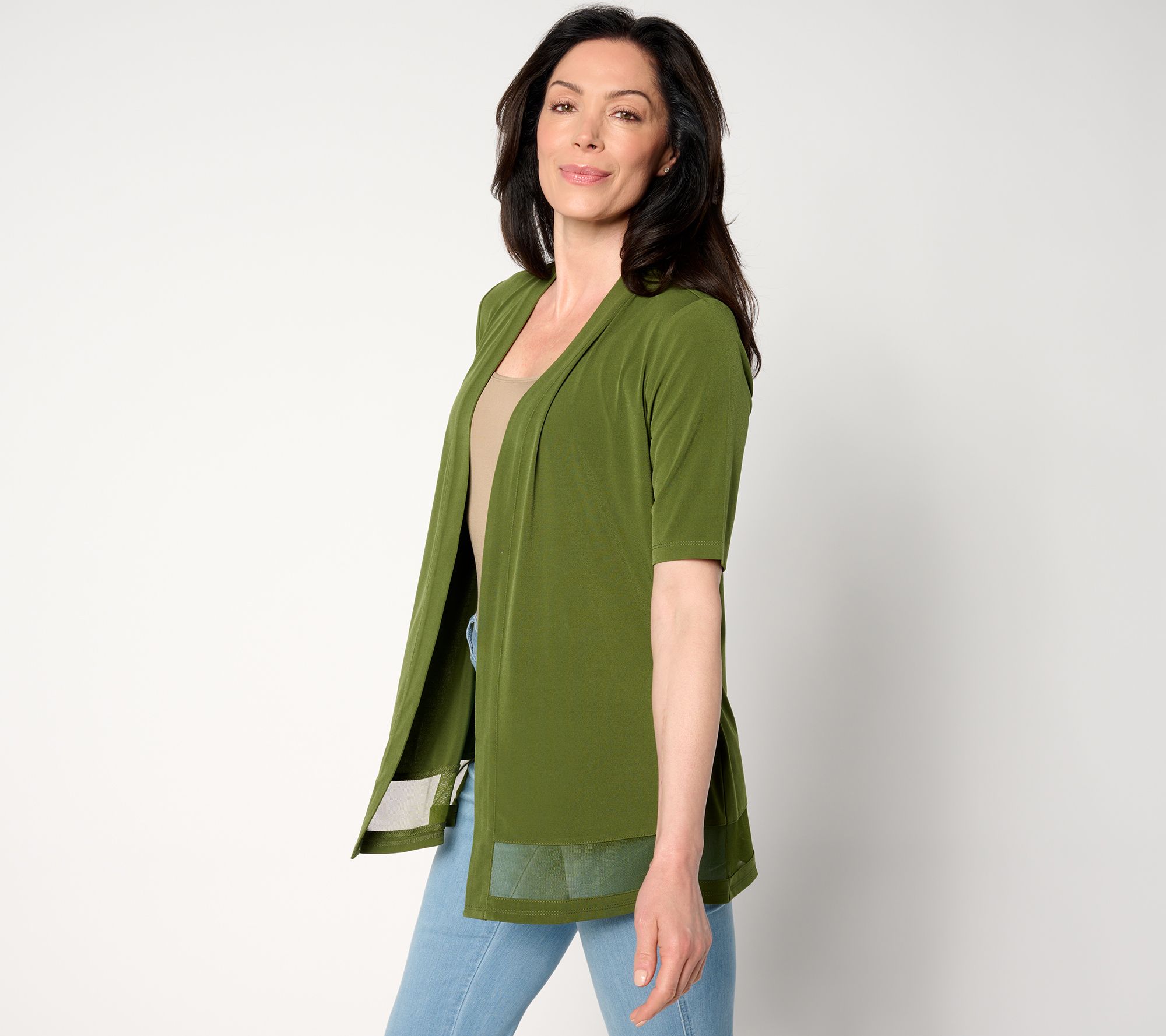 Susan Graver Regular Liquid Knit Elbow Sleeve Cardigan with Mesh Inset