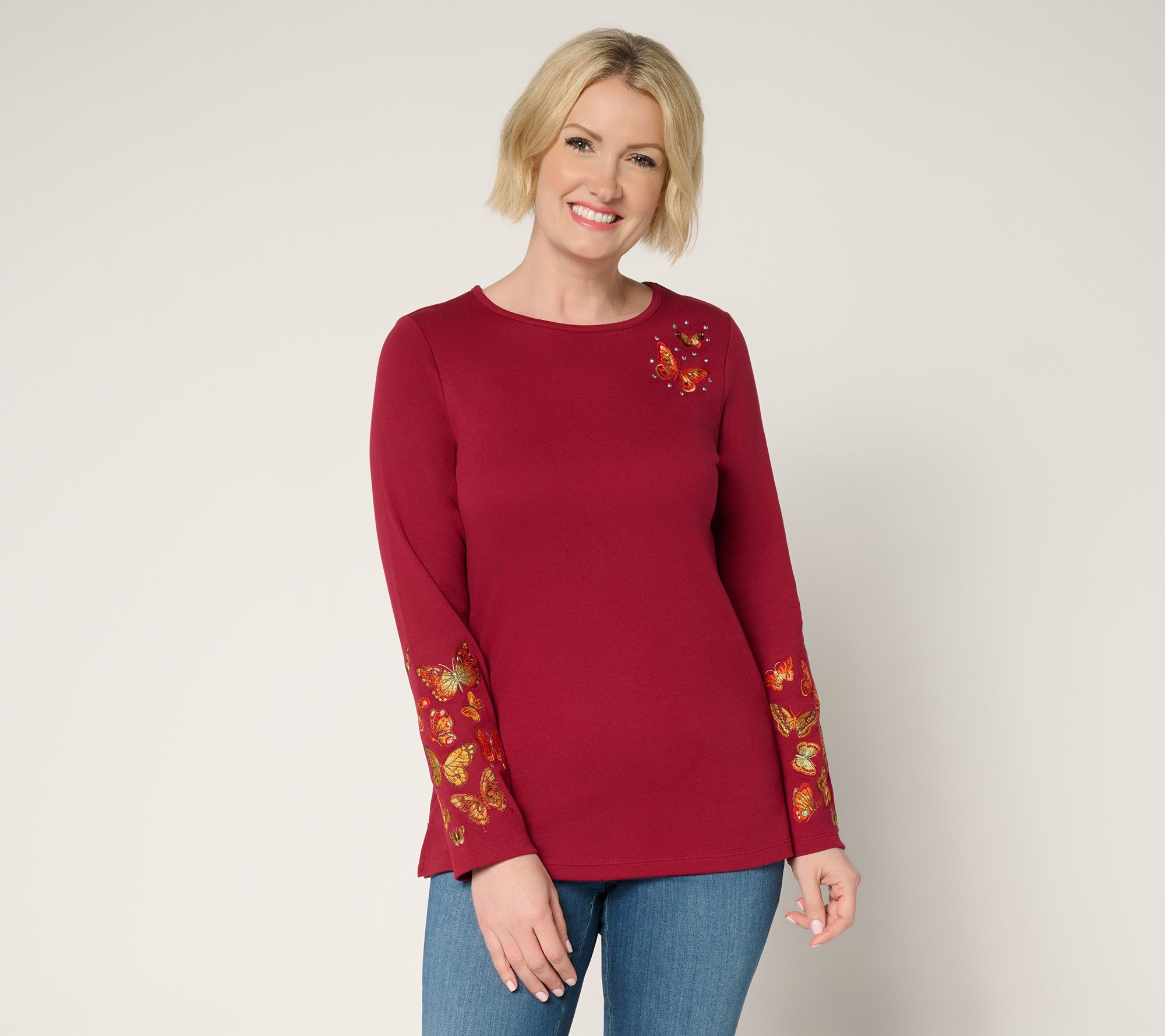 Quacker Factory Armed and Fabulous Embroidered Long-Sleeve Top