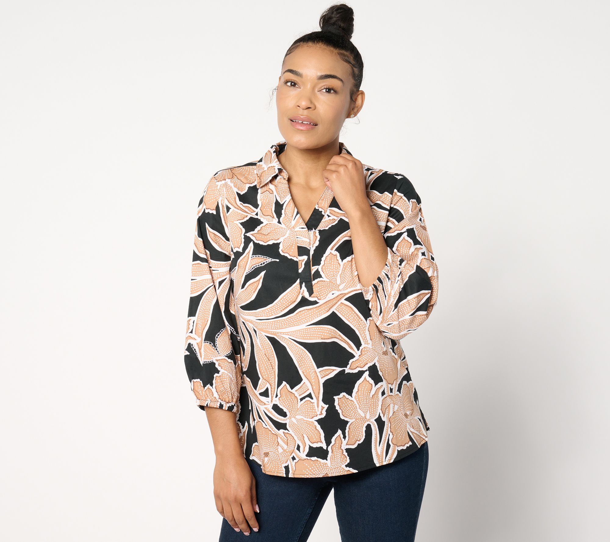 Denim & Co. Adaptive Poplin 3/4-Sleeve Collared Top