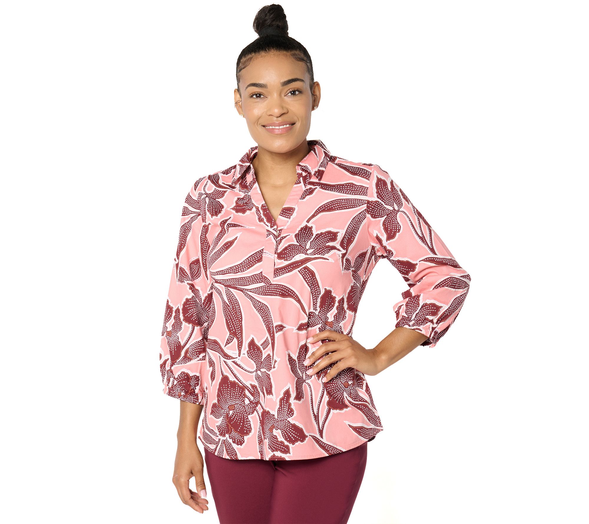 Denim & Co. Adaptive Poplin 3/4-Sleeve Collared Top