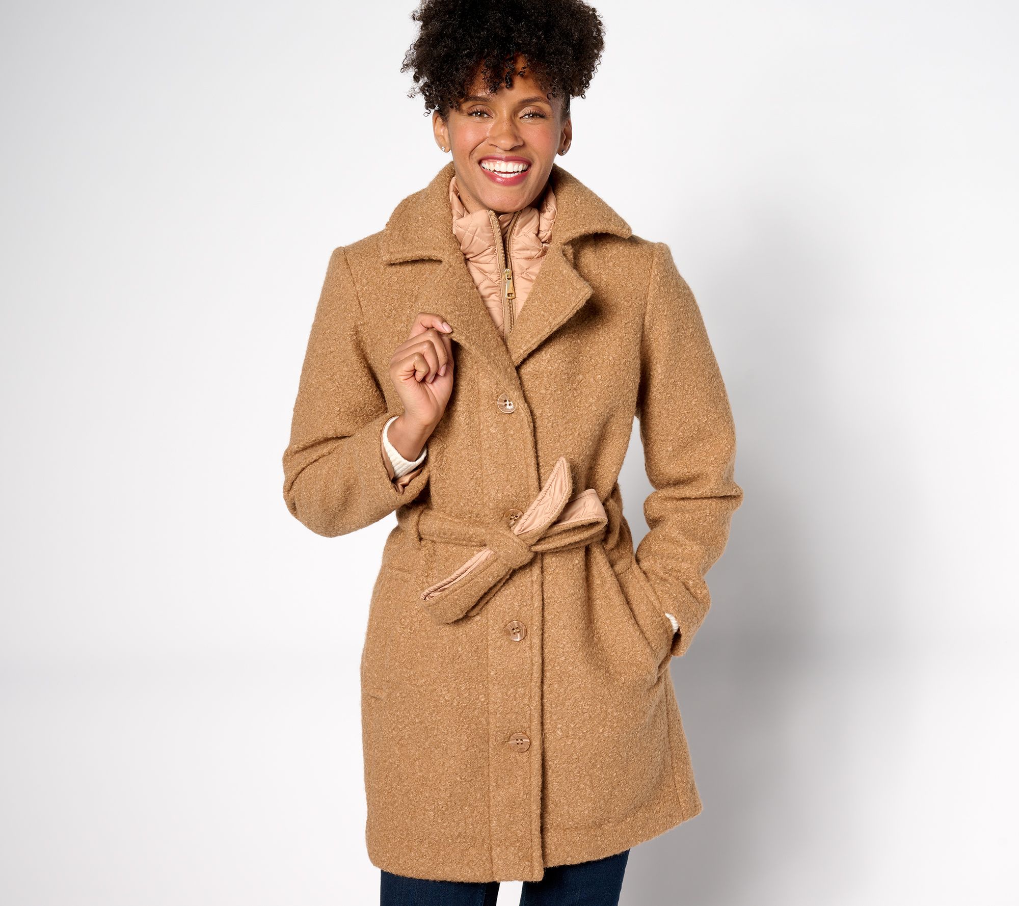 "As Is" Isaac Mizrahi Live! Boucle Belted Coat with Nylon Accents