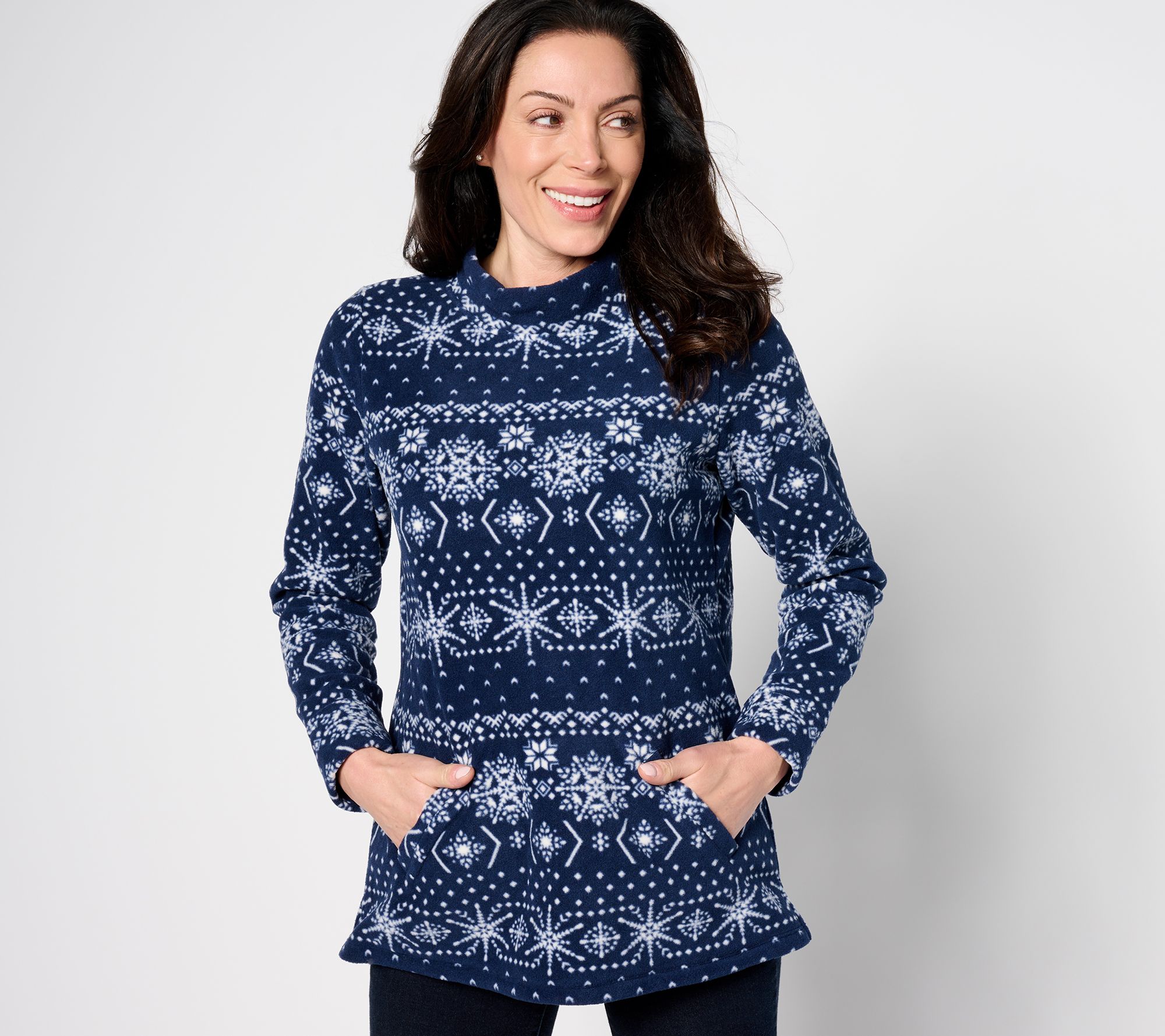 "As Is" Denim & Co. Petite Printed Fleece Mock Neck Long Sleeve Tunic