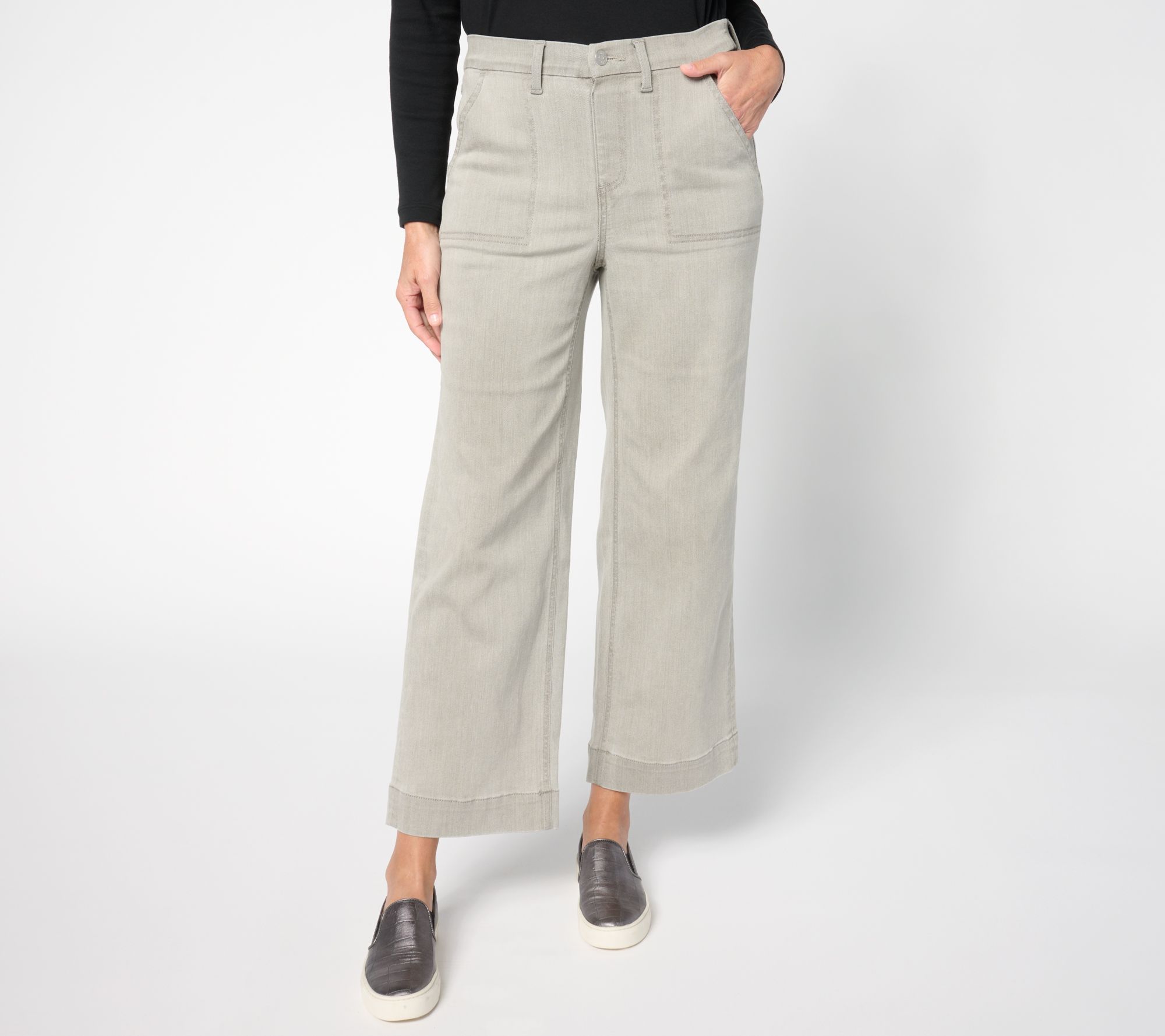 Denim & Co. Petite Grey Easy Stretch Wide Leg Ankle Jean
