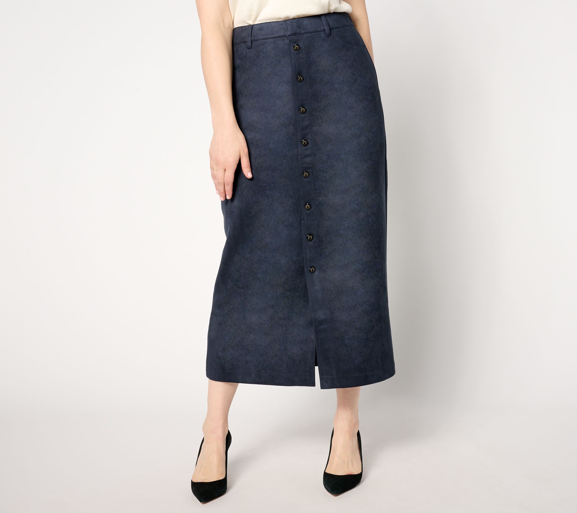 Isaac Mizrahi Live! Petite Estate Stretch Faux Suede Midi Skirt