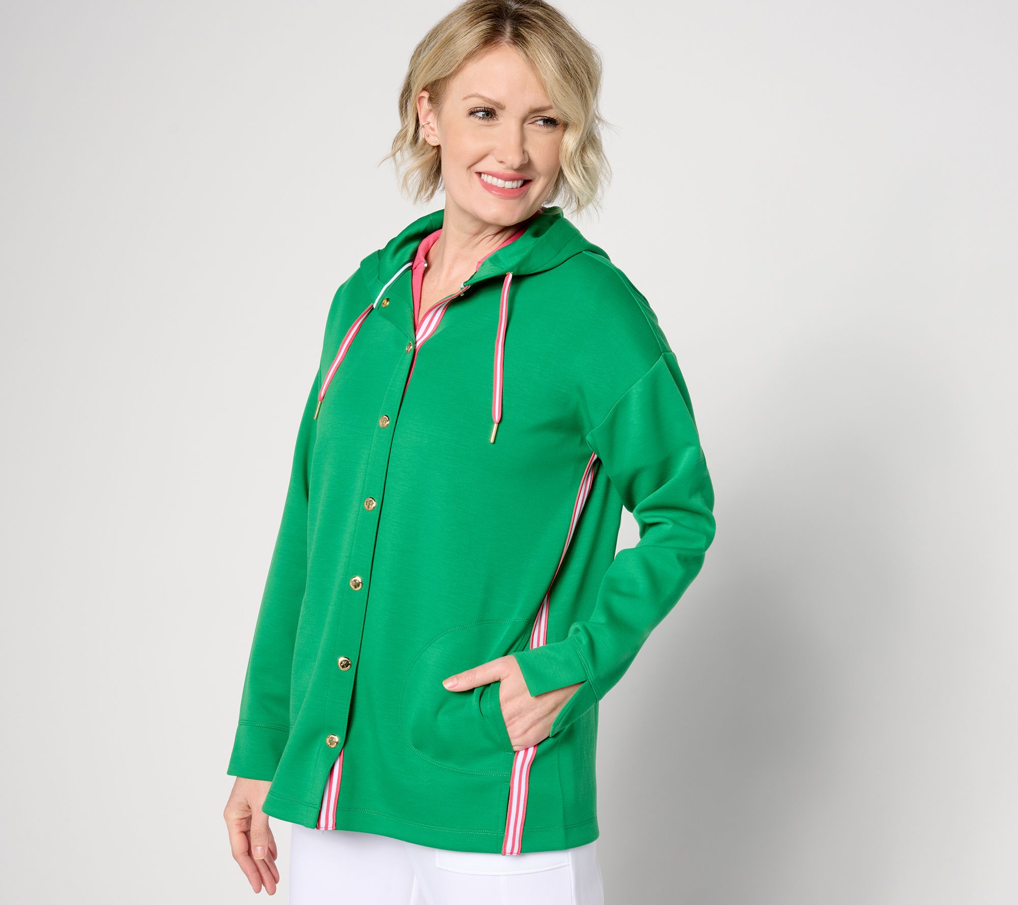 "As Is" Isaac Mizrahi Live! Petite Knit Snap Front Tunic w/ Hood
